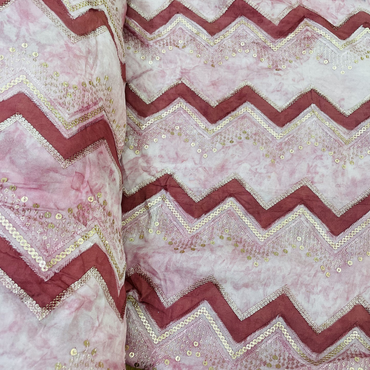 Exclusive Pink Chevron Sequence Embroidery Chinnon Fabric