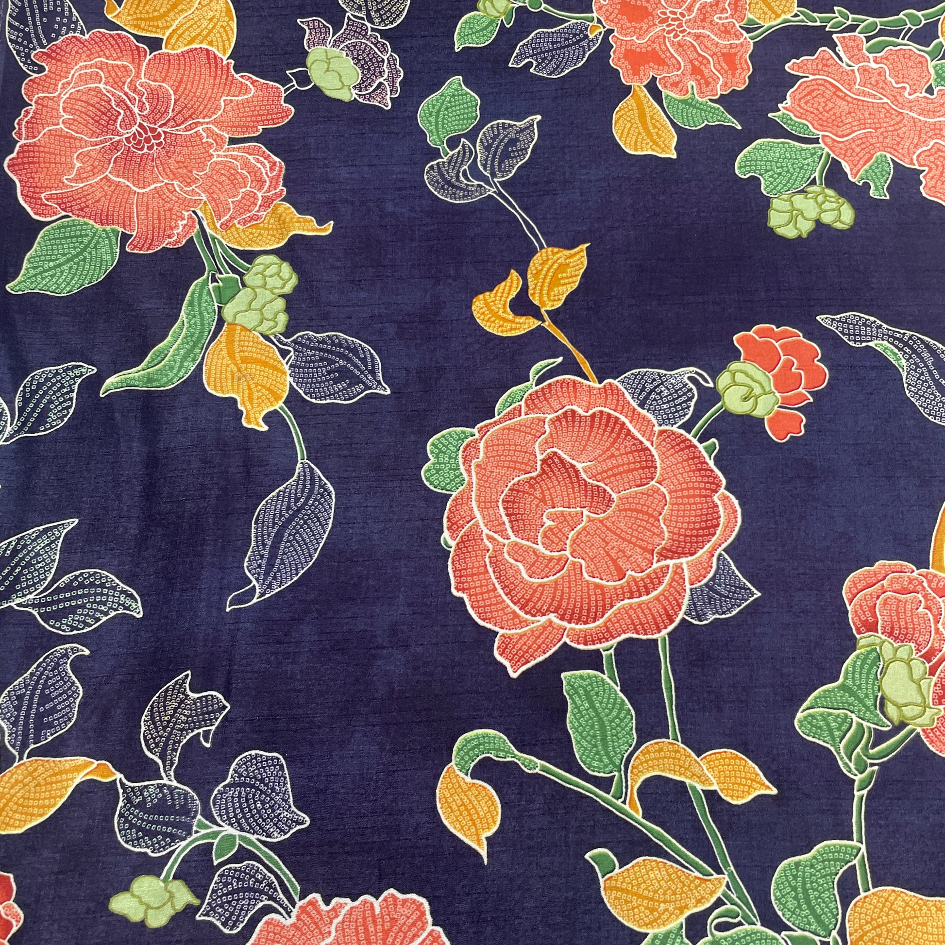 Navy Blue Floral Print Tusser Silk Fabric