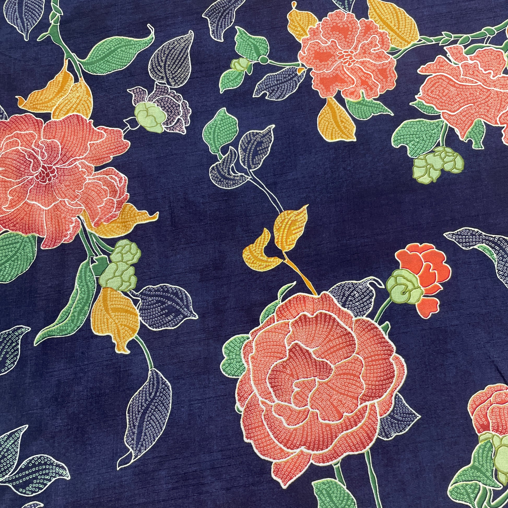 Navy Blue Floral Print Tusser Silk Fabric