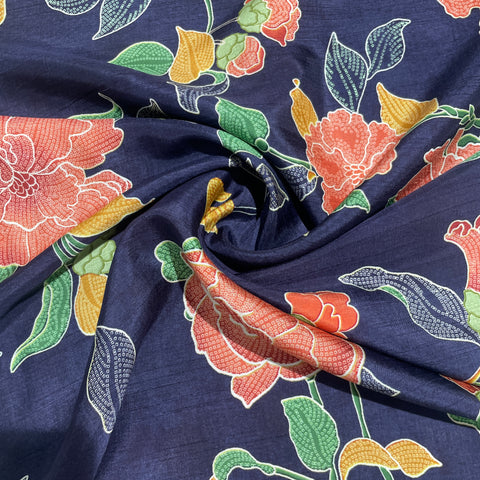 Navy Blue Floral Print Tusser Silk Fabric