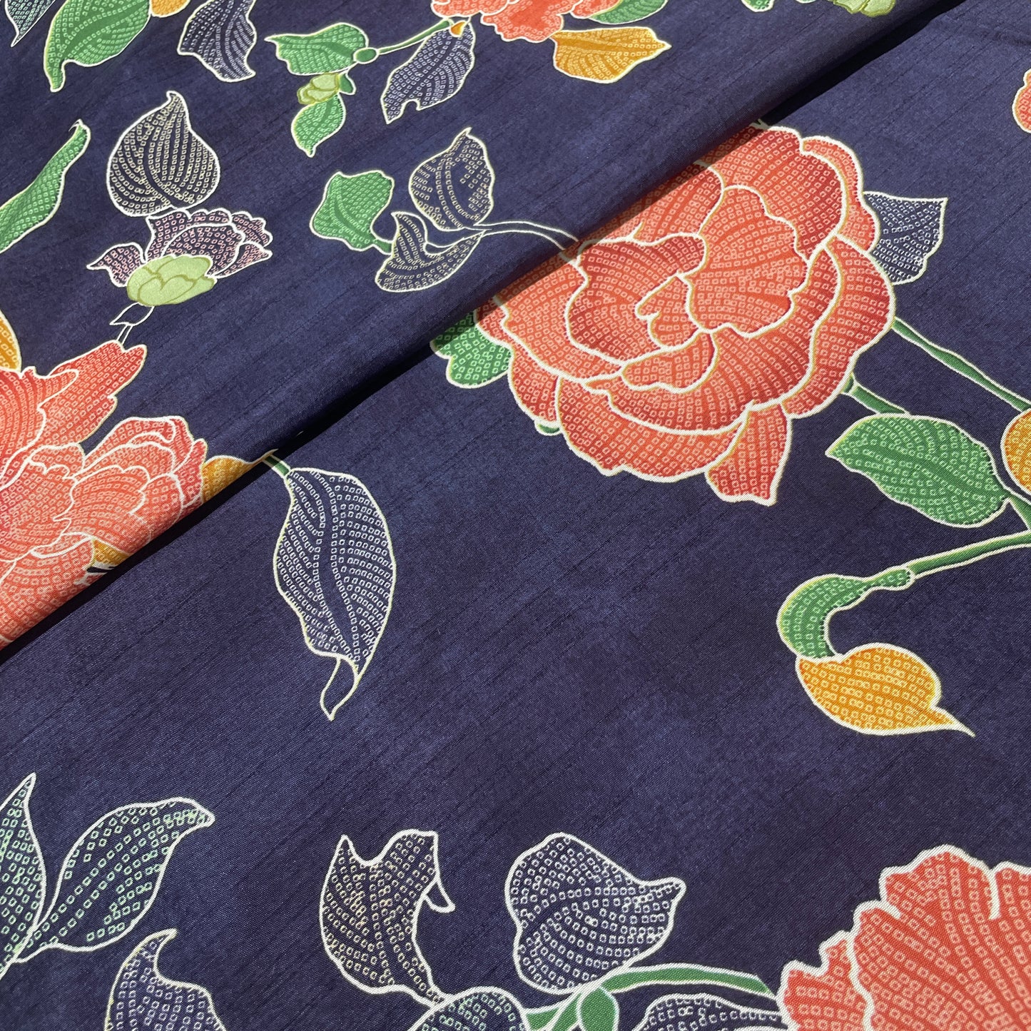 Navy Blue Floral Print Tusser Silk Fabric