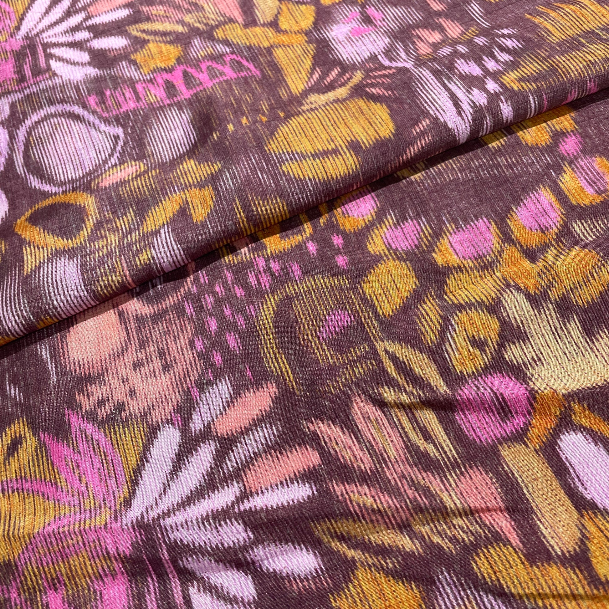 Brown Abstract Print Tusser Silk Fabric