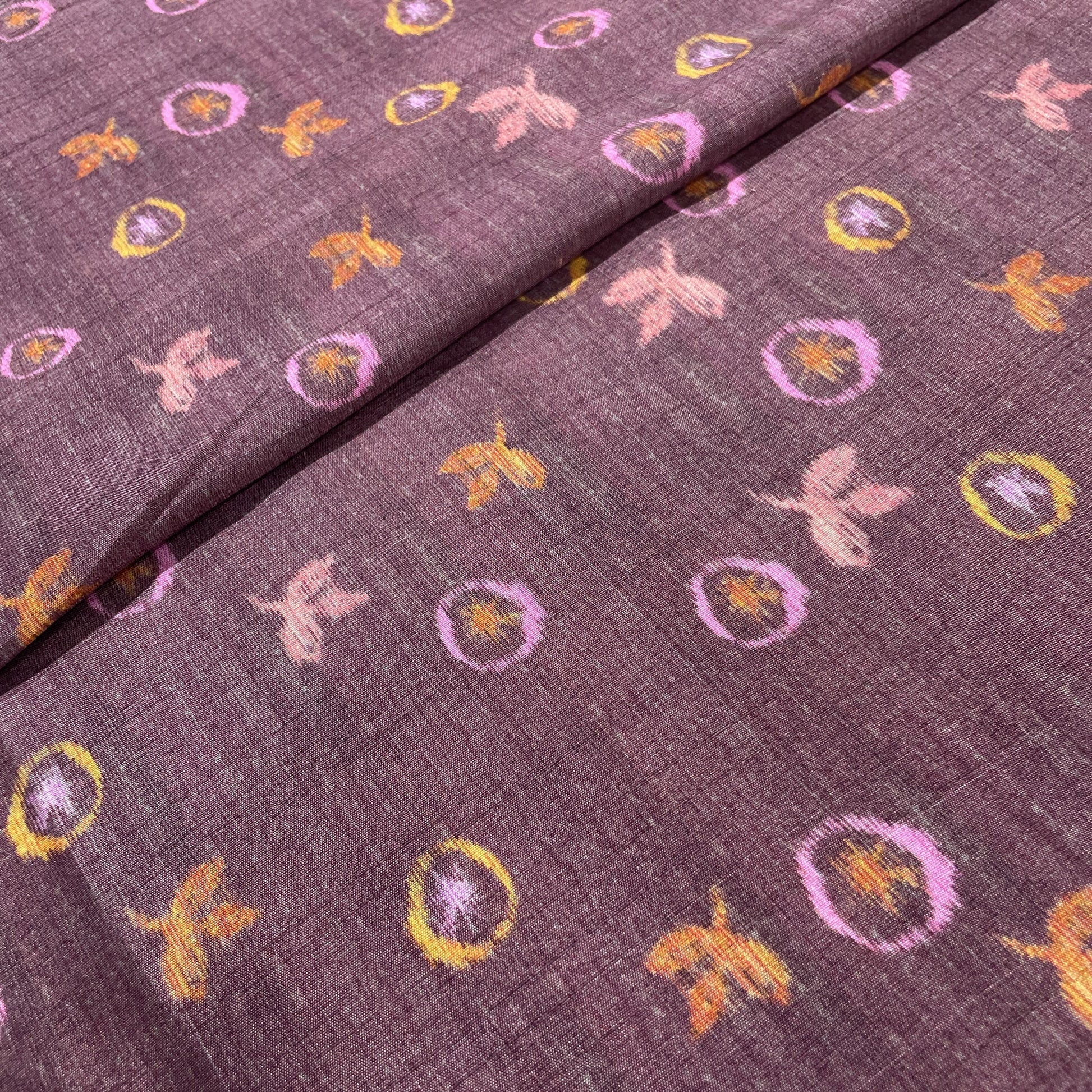 Wine Tropical Print Tusser Silk Fabric