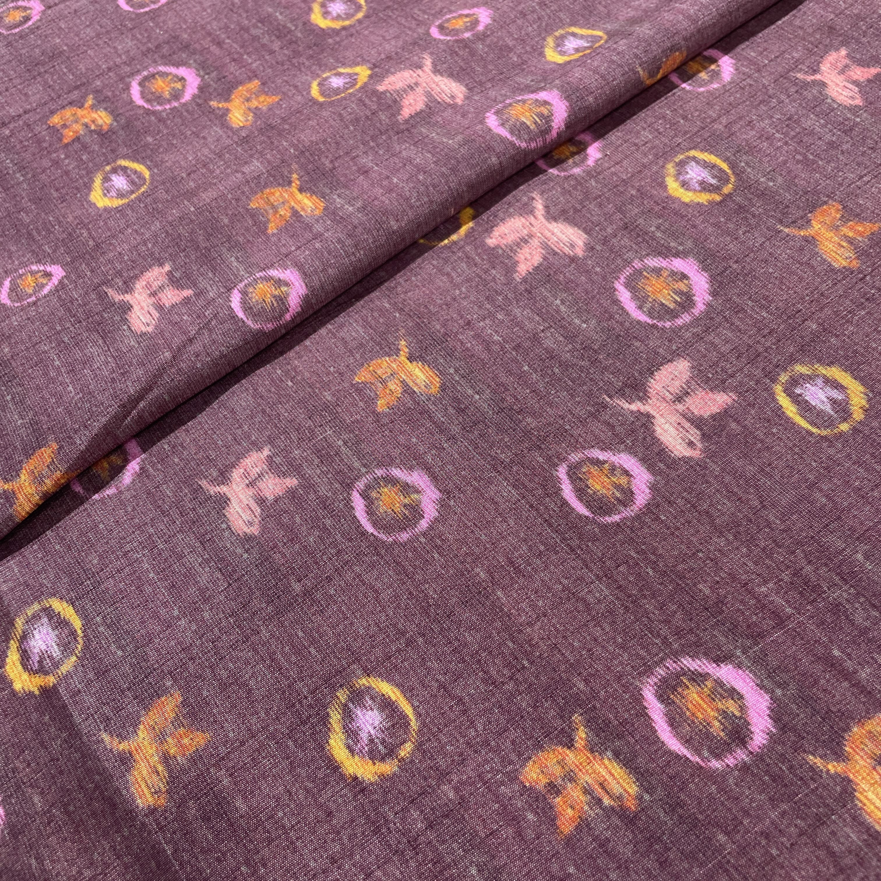 Wine Tropical Print Tusser Silk Fabric