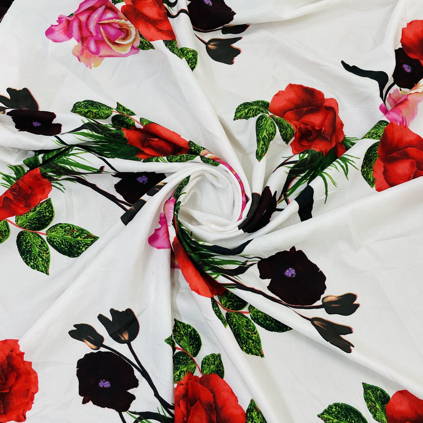 premium white multcolor floral print satin fabric