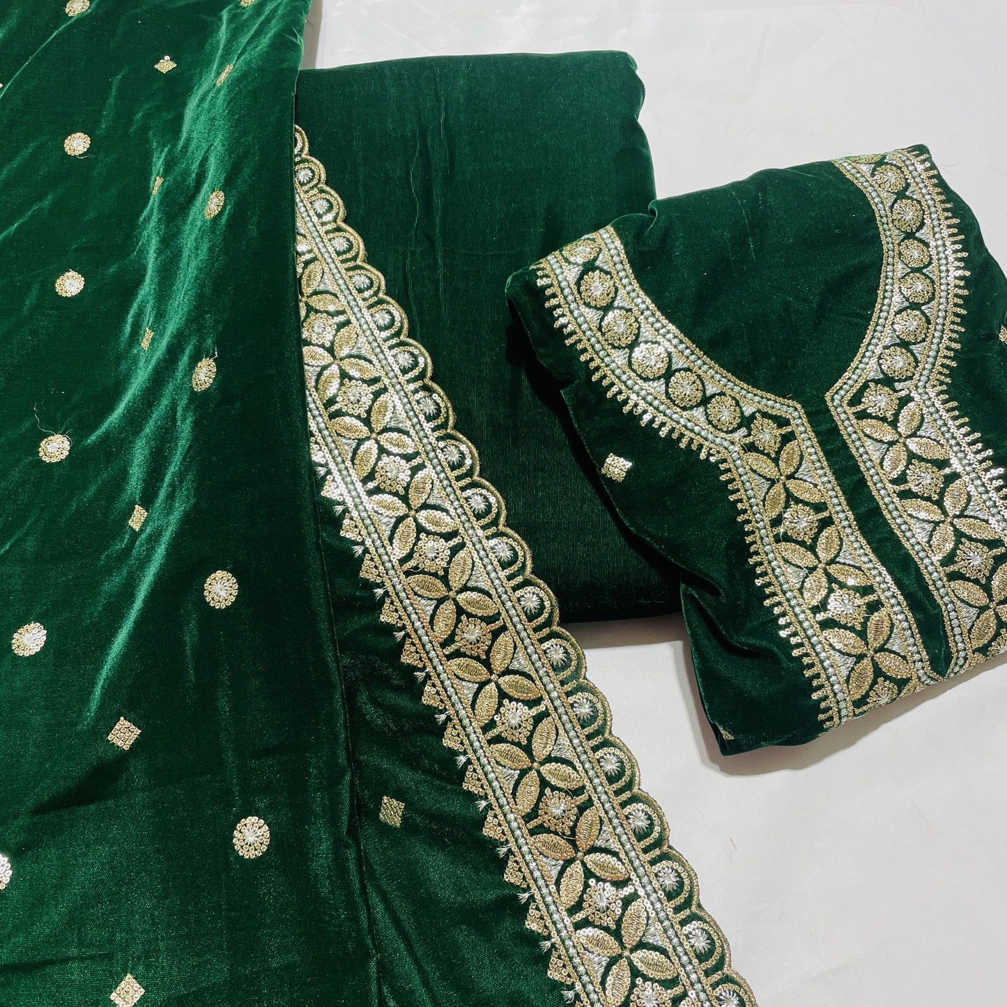 premium green sequence embroidery velvet suit set with dupatta