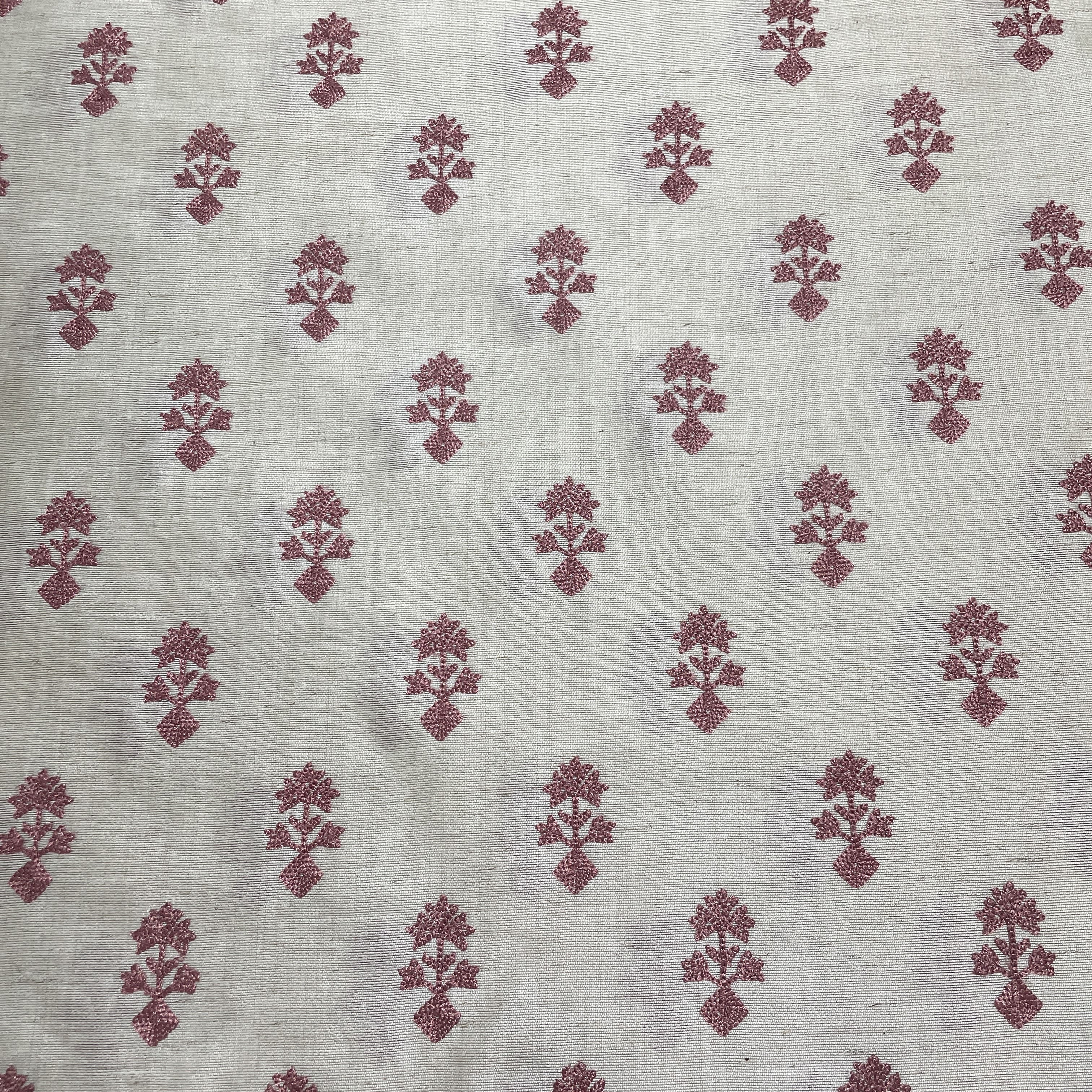 Cream Pink Floral Embroidery Khadi Silk Fabric