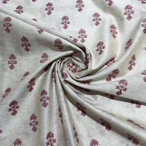 Cream Pink Floral Embroidery Khadi Silk Fabric