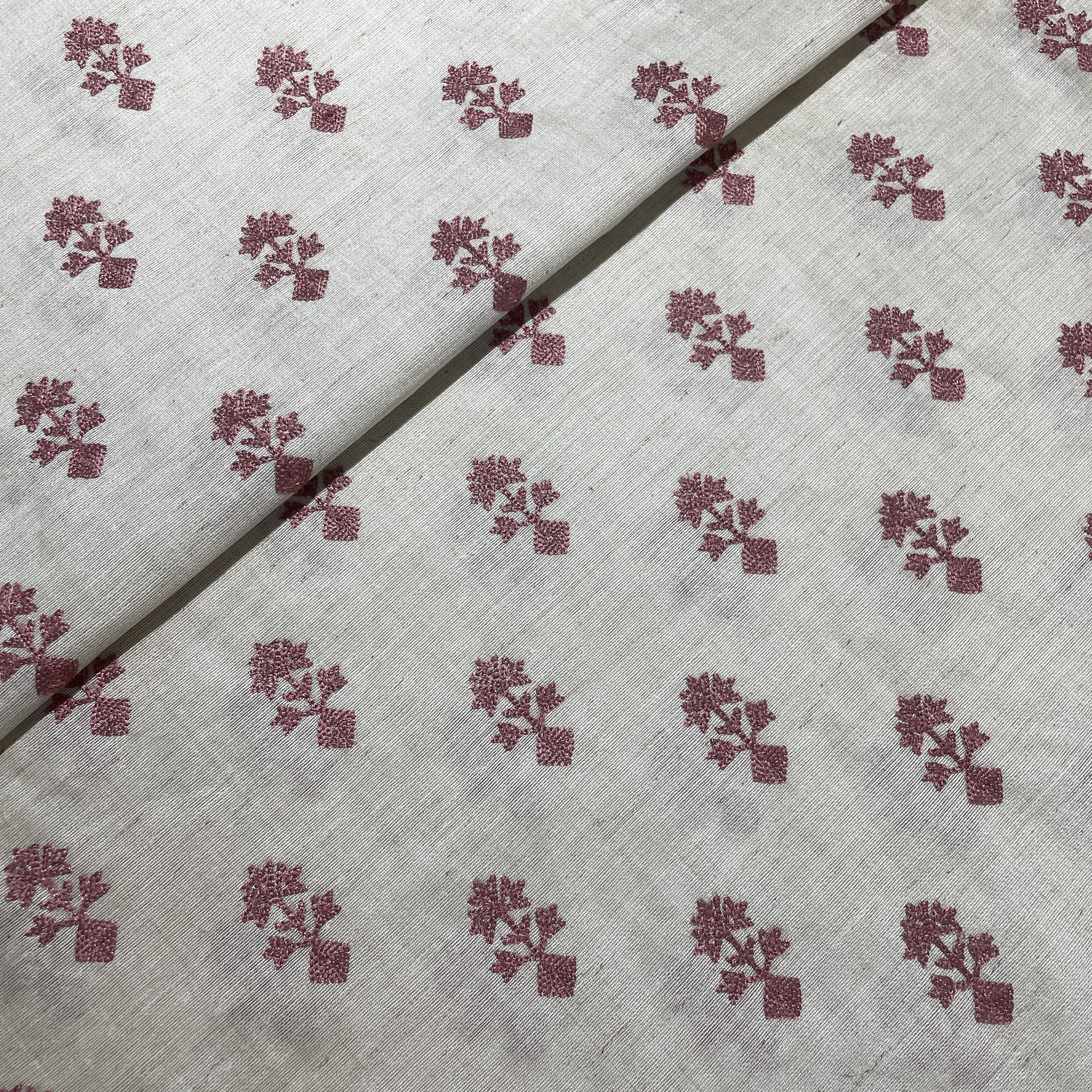 Cream Pink Floral Embroidery Khadi Silk Fabric