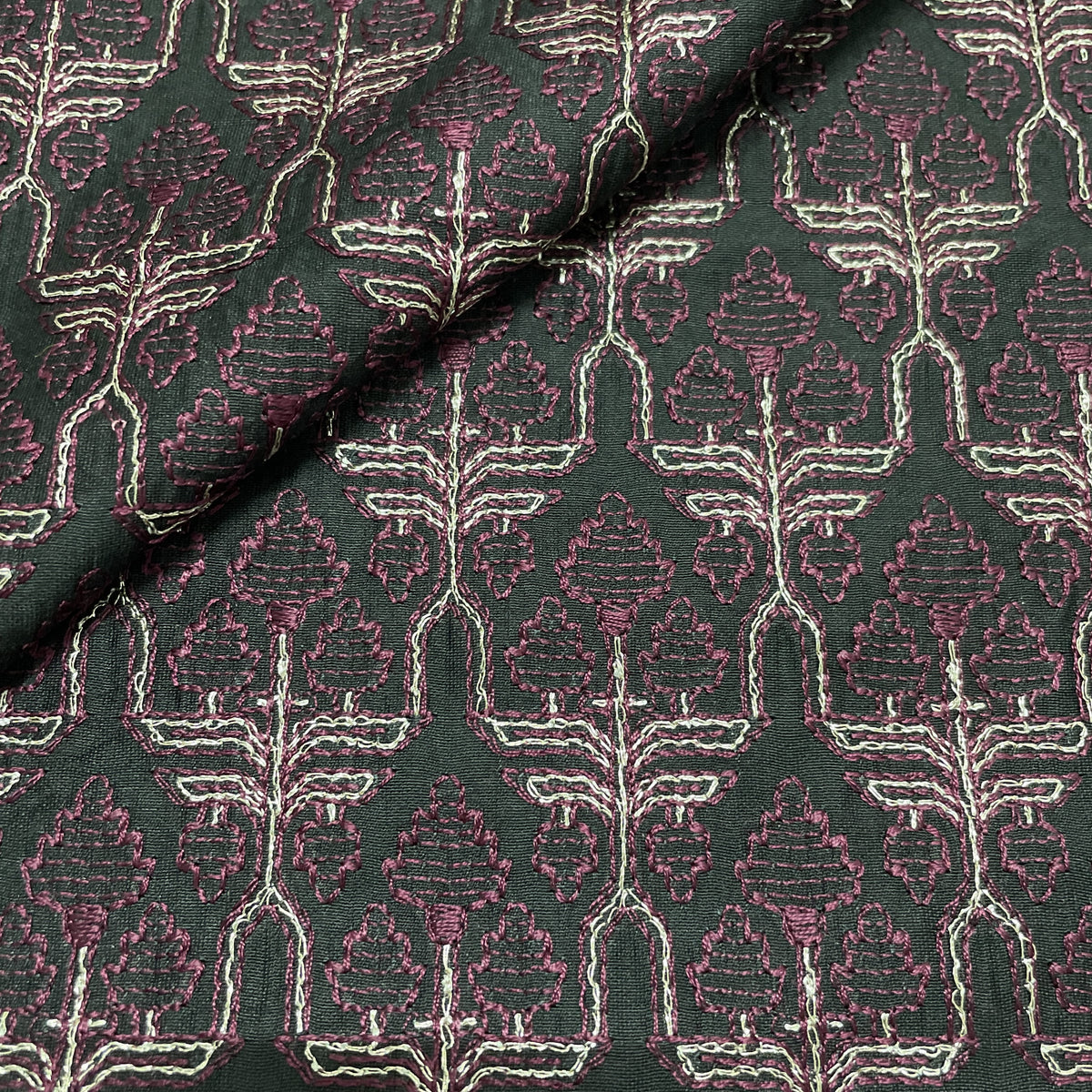 Classic Black Traditional Thread Embroidery Chanderi Silk Fabric