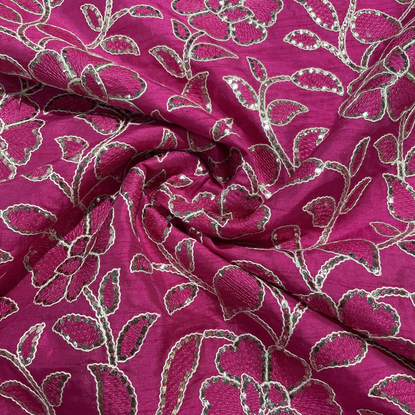 Magenta Pink Gota Patti Work Tusser Silk Fabric