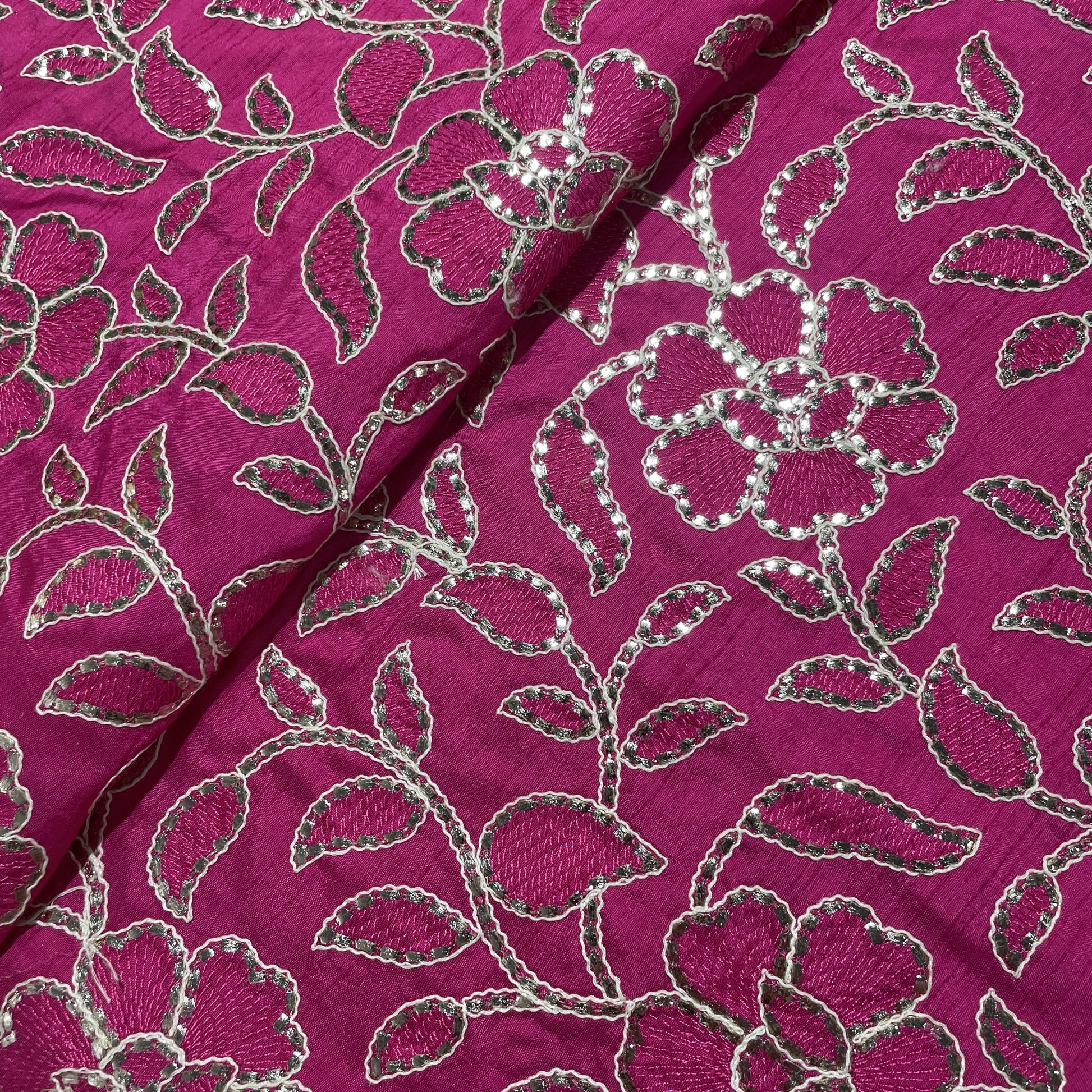 Magenta Pink Gota Patti Work Tusser Silk Fabric