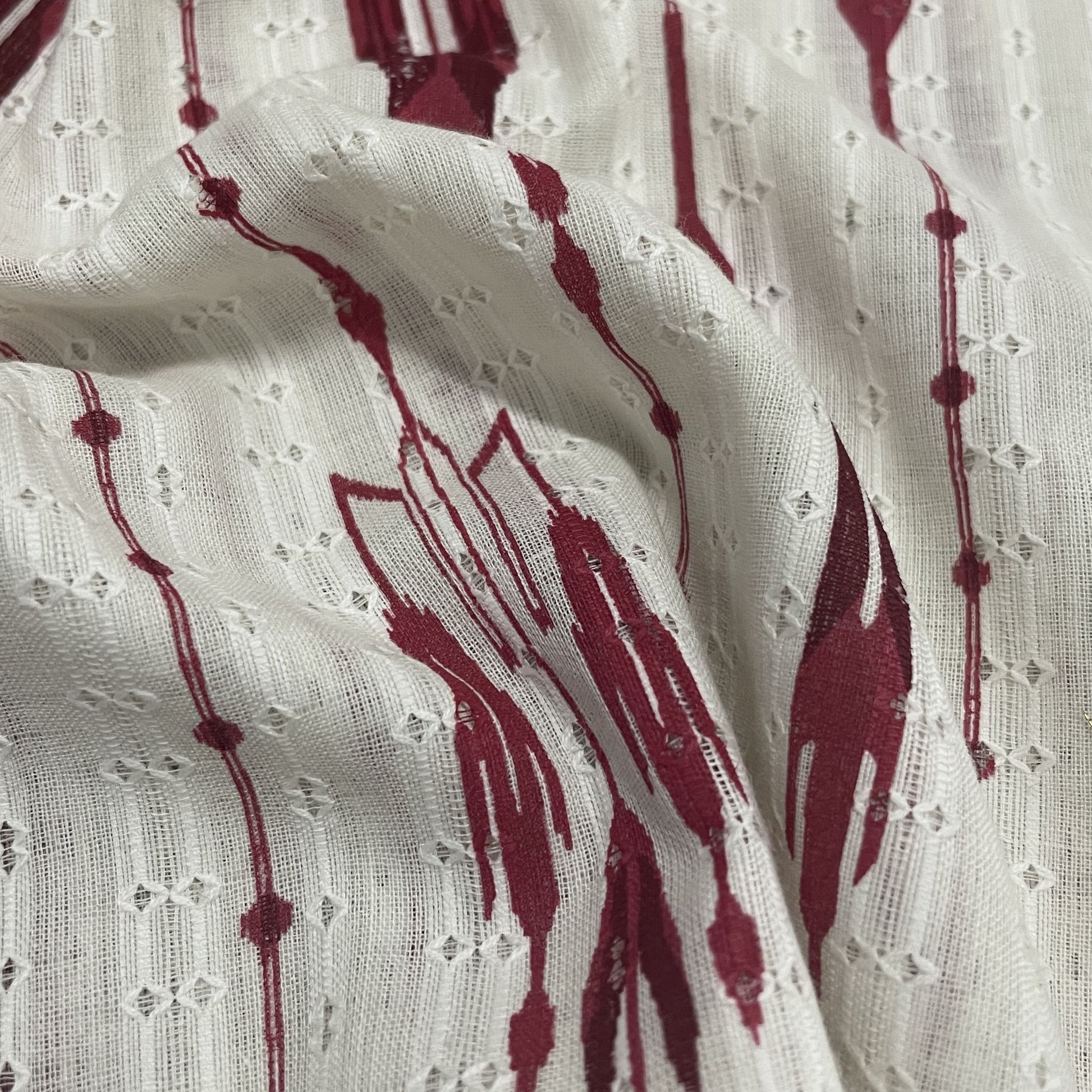 OffWhite Red Ikkat Dobby Embroidery Dyeable Cotton Fabric