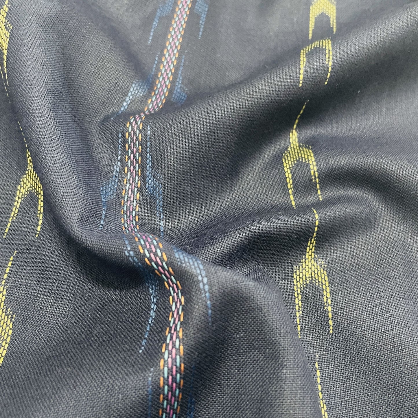 Premium Blue Yellow Ikkat Dobby Embroidery Cotton Fabric