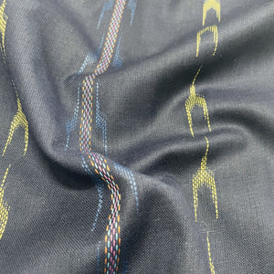 Premium Blue Yellow Ikkat Dobby Embroidery Cotton Fabric