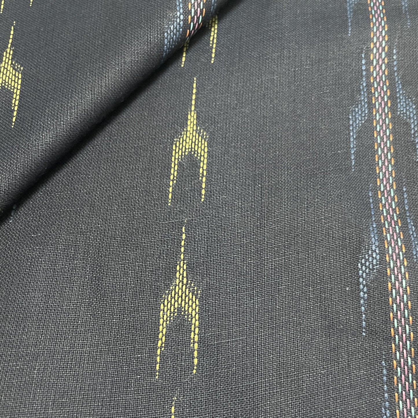 Premium Blue Yellow Ikkat Dobby Embroidery Cotton Fabric