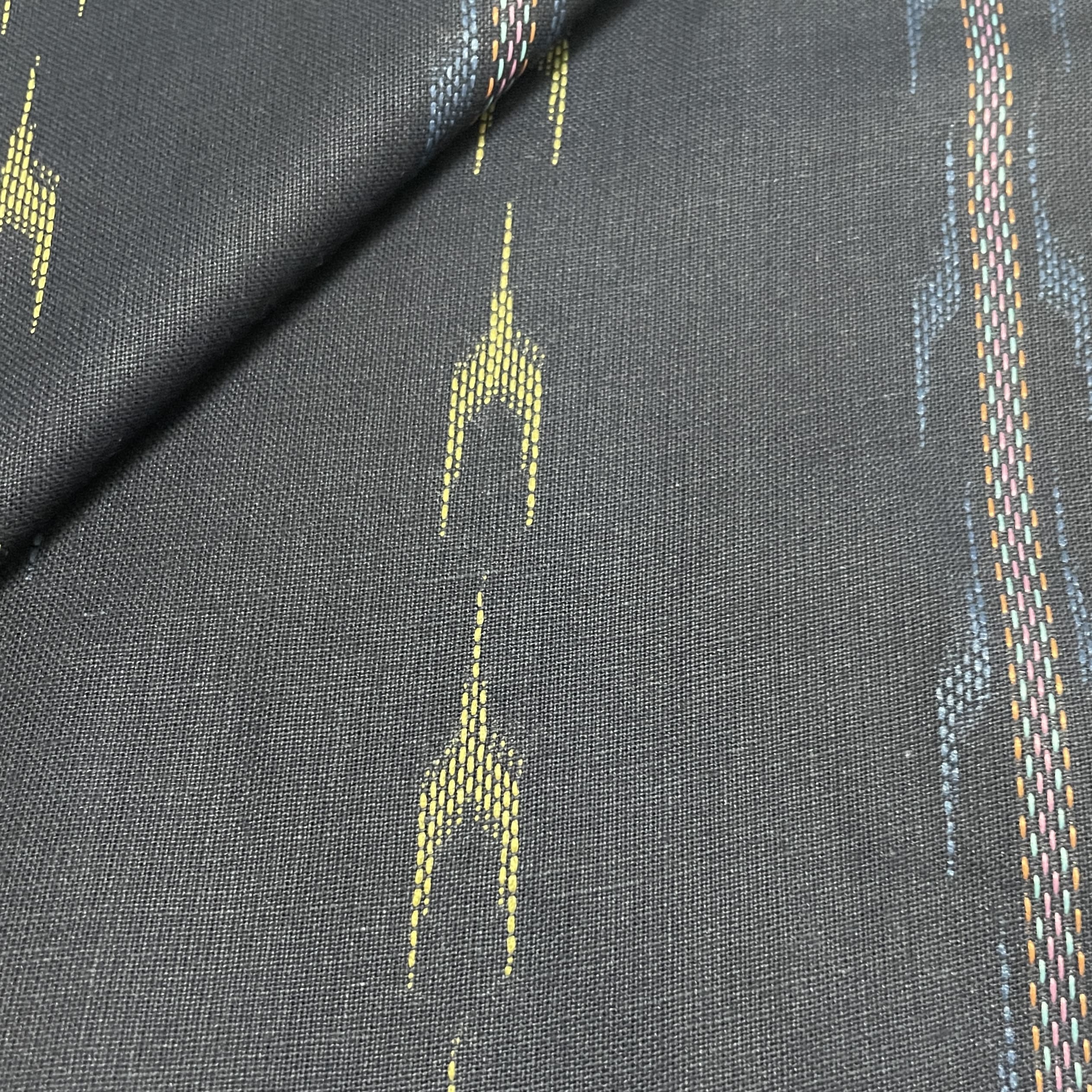 Premium Blue Yellow Ikkat Dobby Embroidery Cotton Fabric