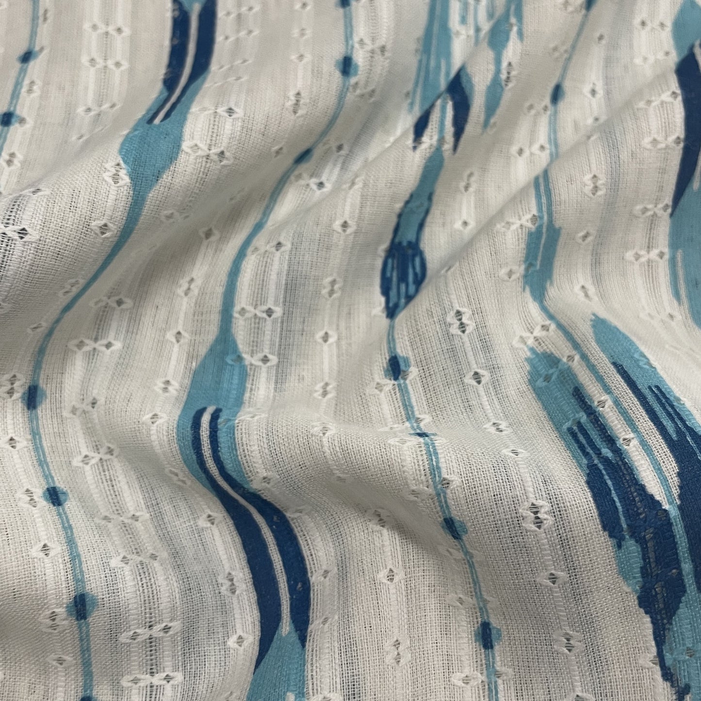 OffWhite Sky Blue Ikkat Dobby Embroidery Dyeable Cotton Fabric
