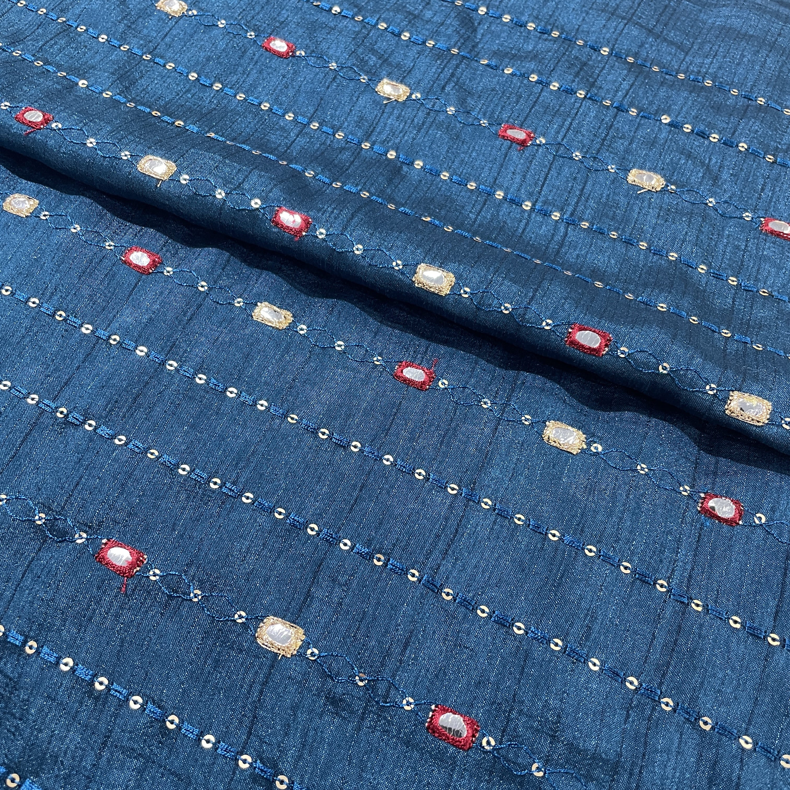Teal Blue Mirror Sequins Soft Dupion Silk Fabric