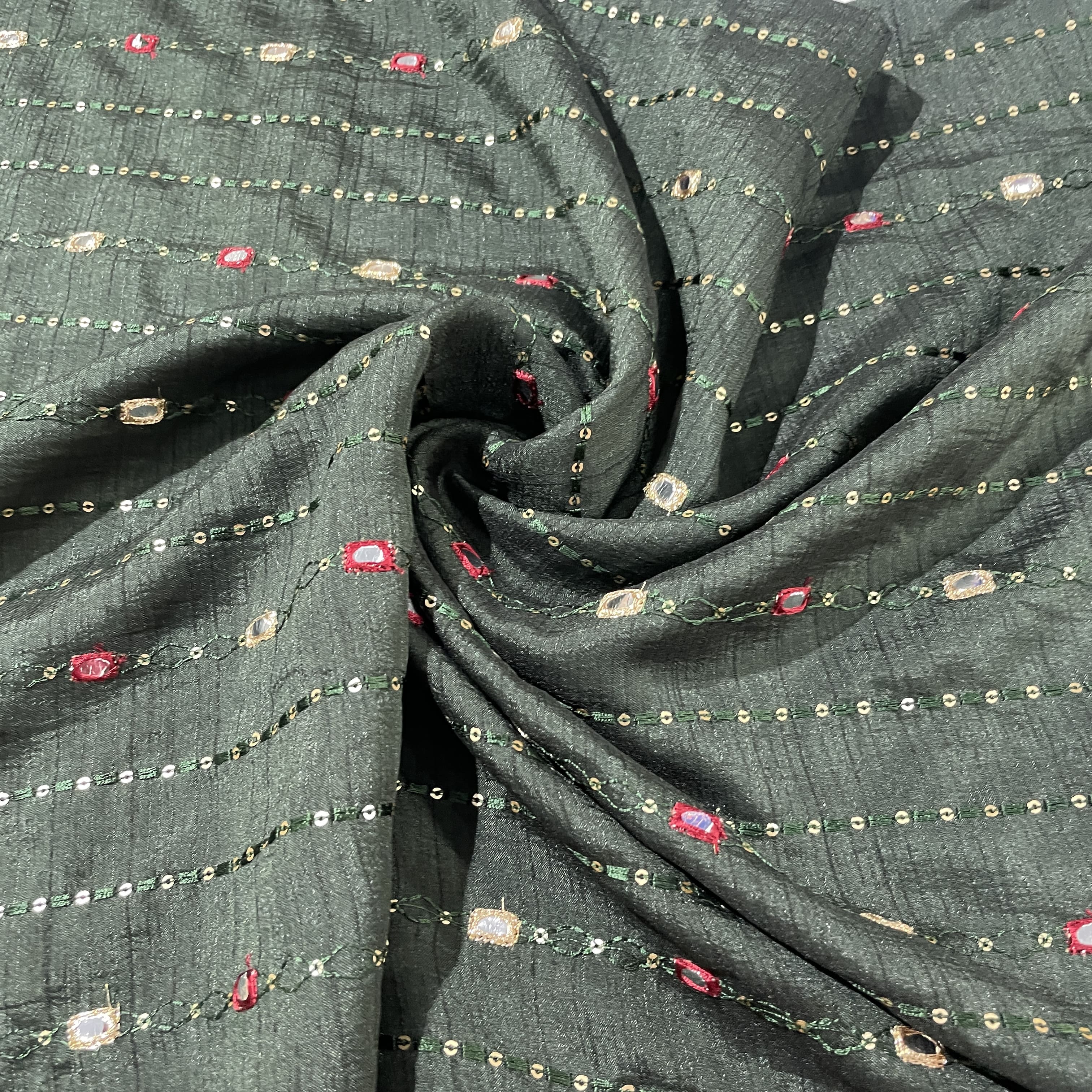 Green Mirror Sequins Soft Dupion Silk Fabric