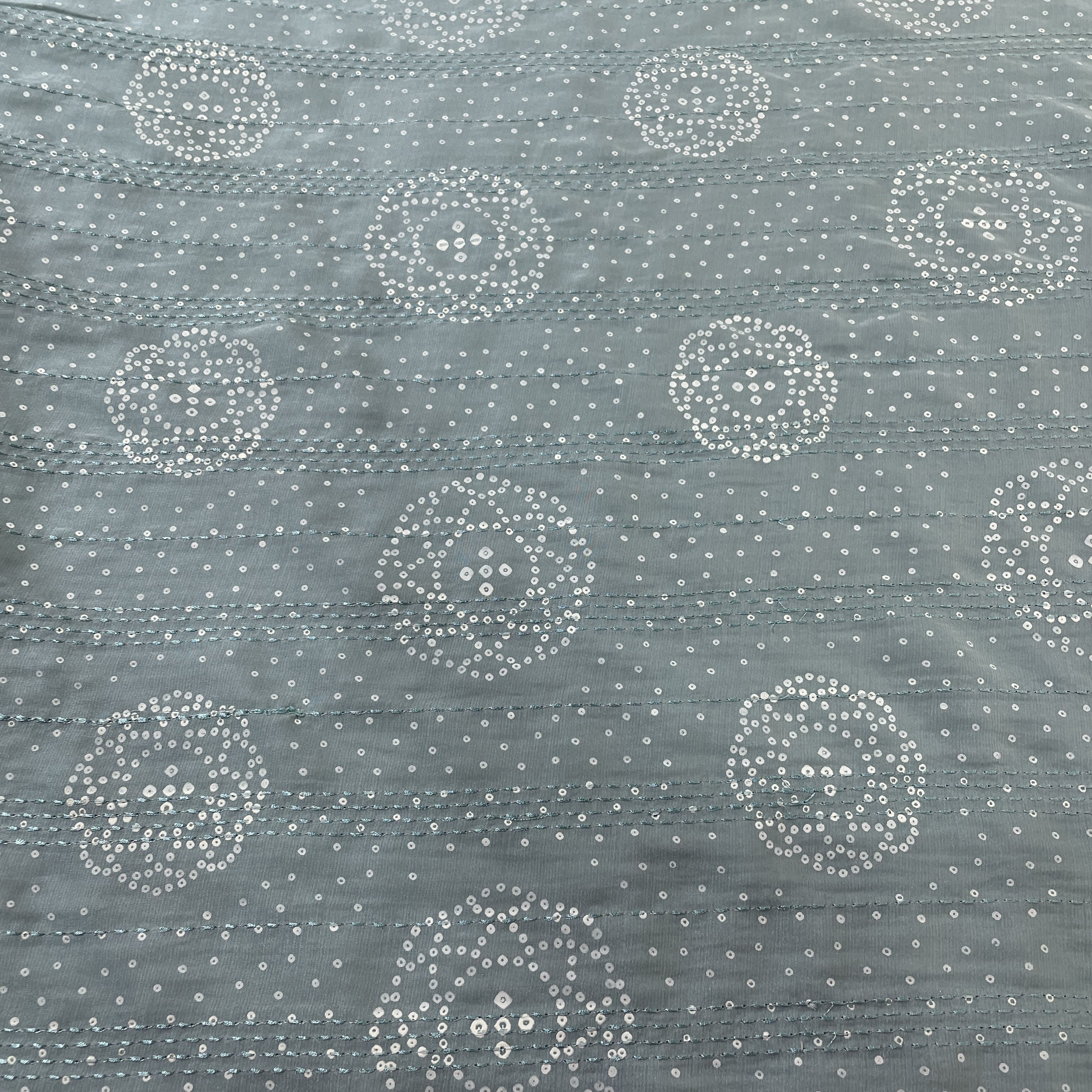 Mint Green Bandhani Kantha Work Mini Silk Fabric