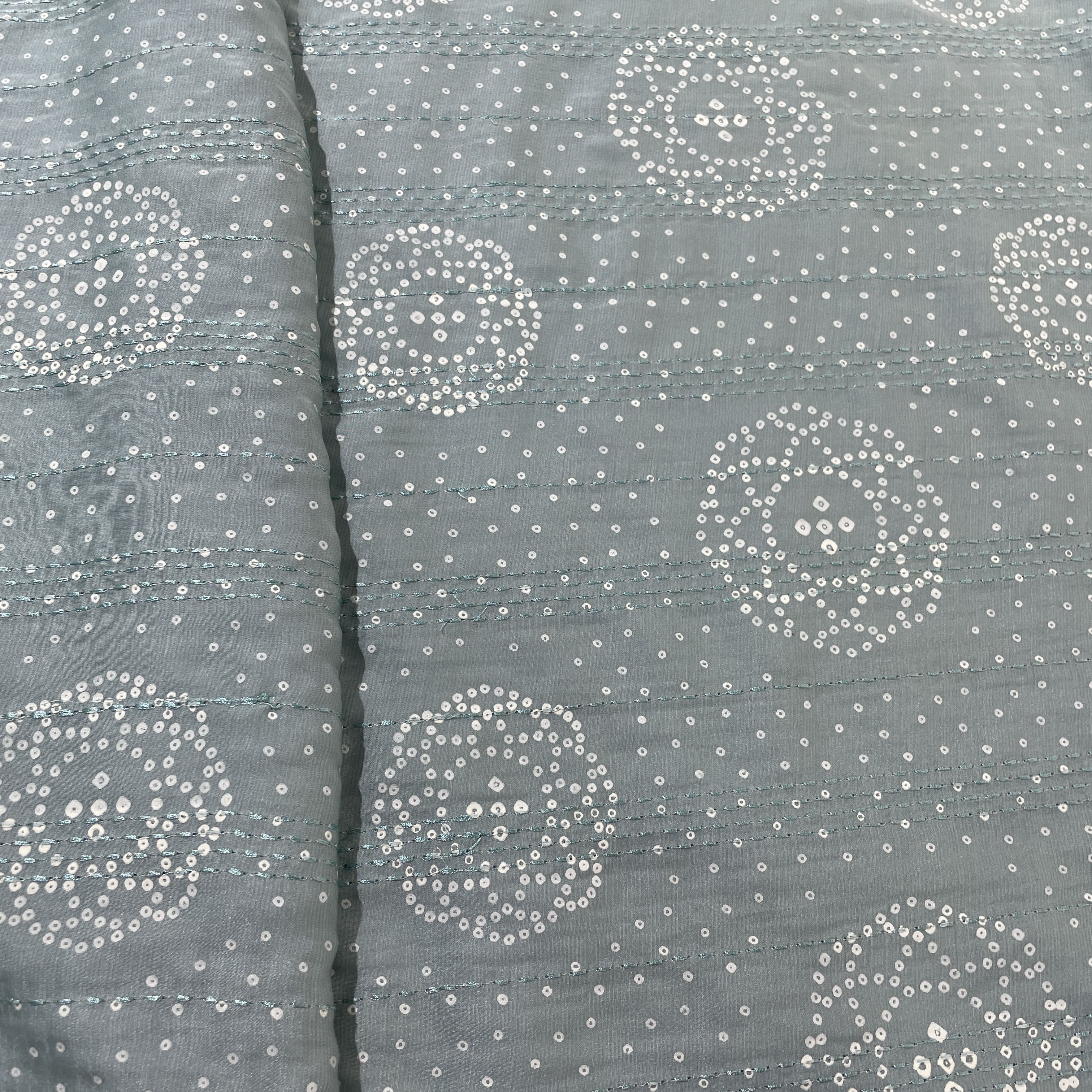 Mint Green Bandhani Kantha Work Mini Silk Fabric