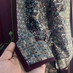Premium  Wine Traditional Sequins Embroidery  Georgette Dupatta