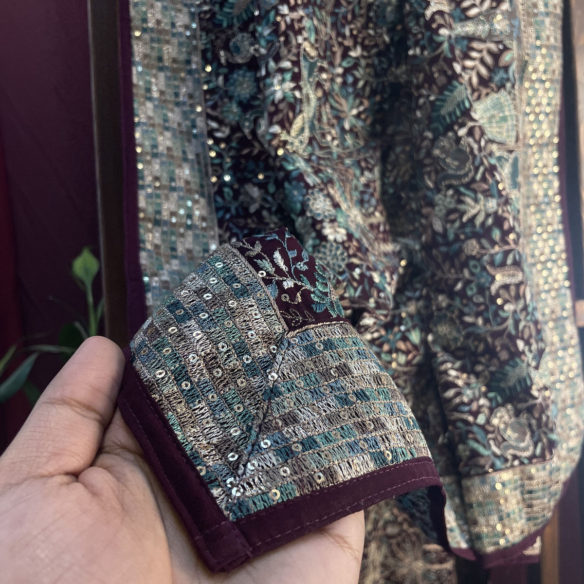 Premium  Wine Traditional Sequins Embroidery  Georgette Dupatta