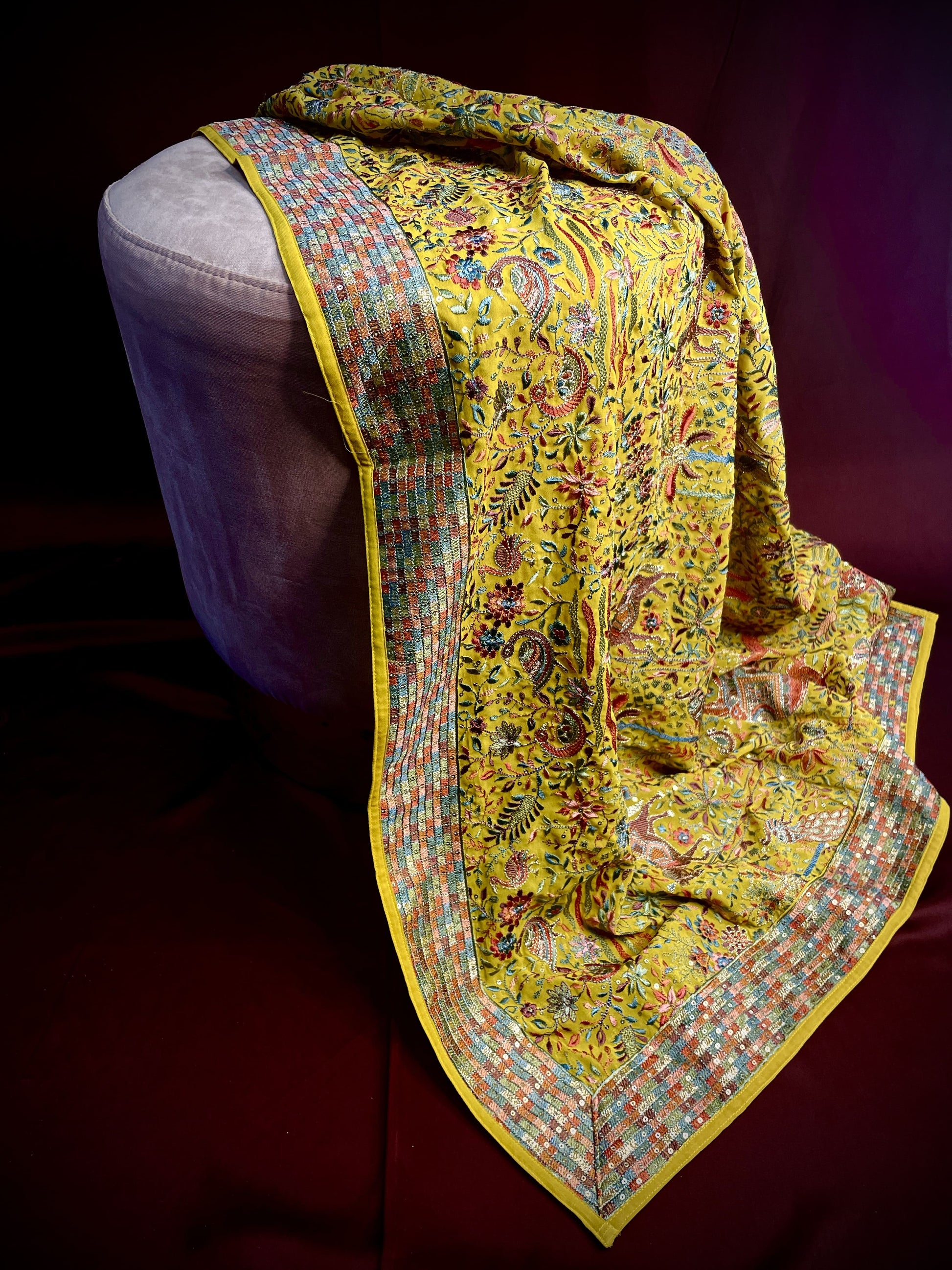 Premium  Light Mustard Yellow Traditional Sequins Embroidery  Georgette Dupatta