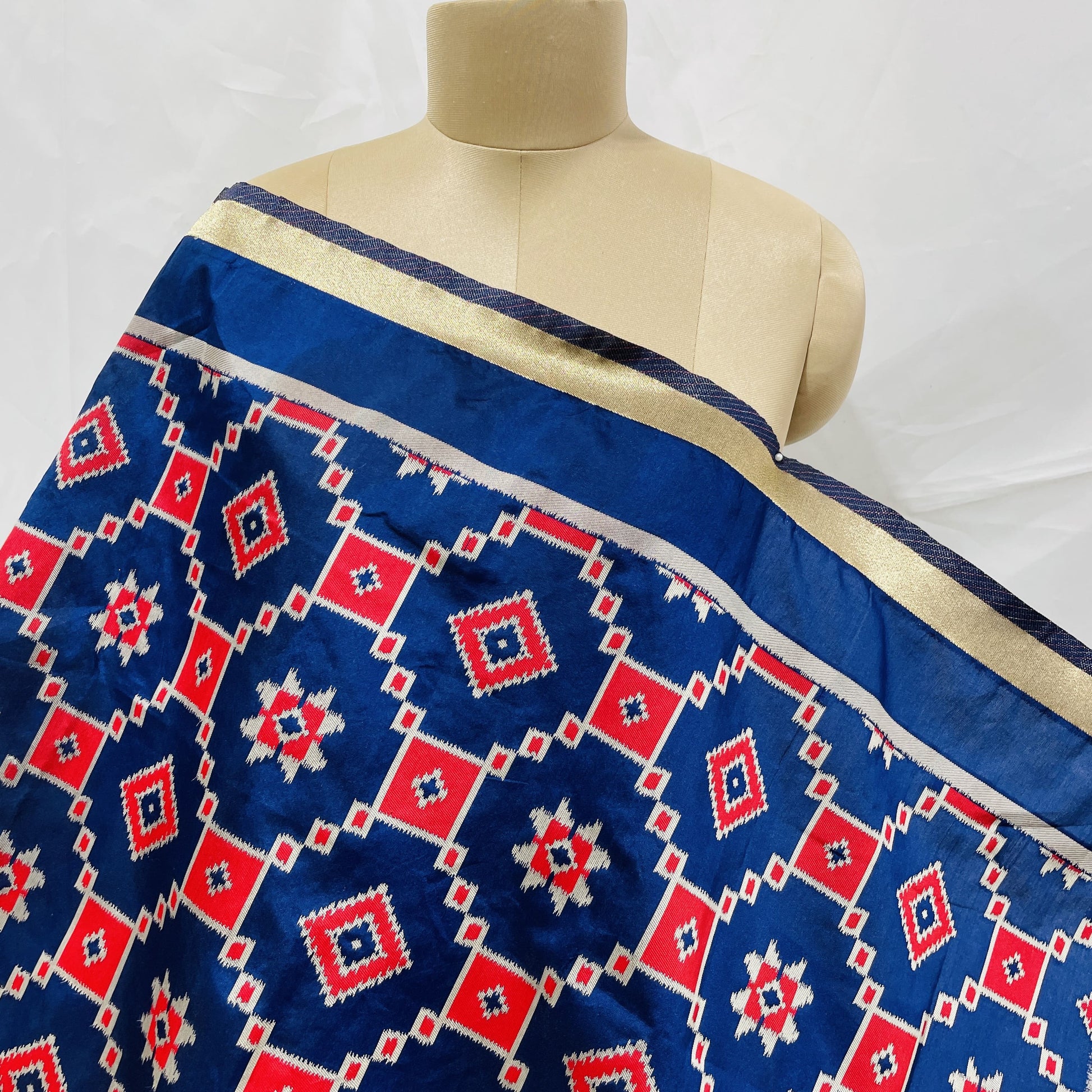 Premium Navy Blue Red Geometrical Print Banarsi Jacquard Dupatta