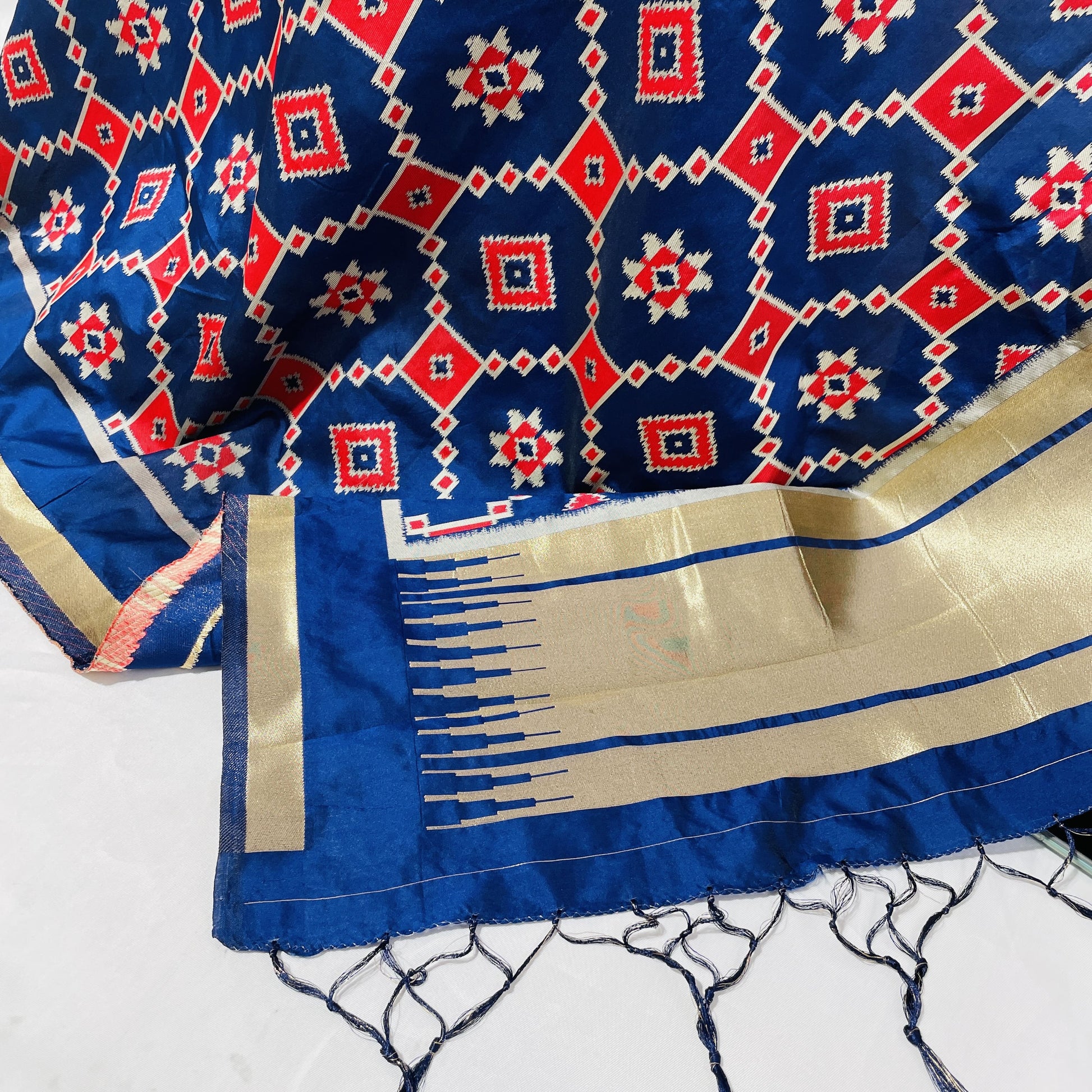 Premium Navy Blue Red Geometrical Print Banarsi Jacquard Dupatta