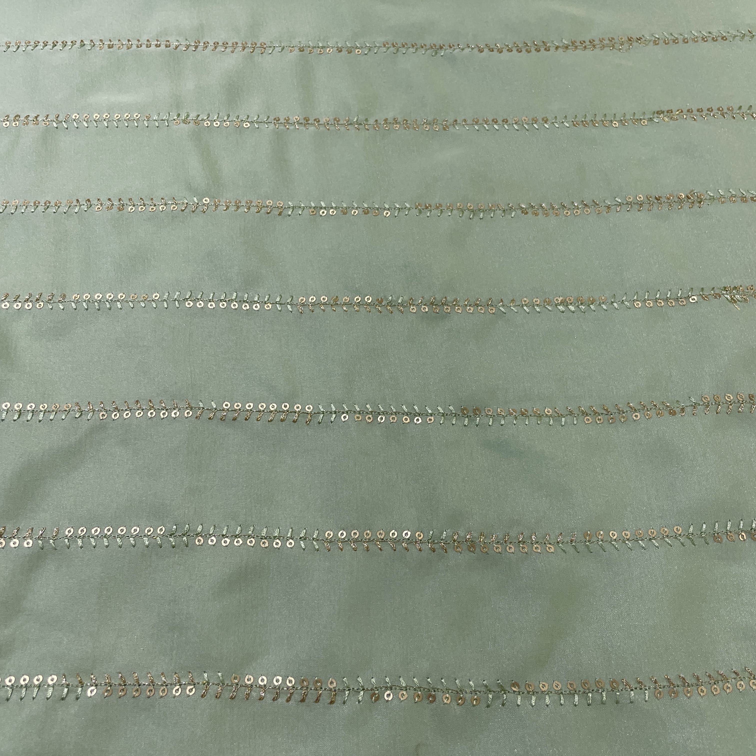 Mint Green Stripes Embroidery Bemberg Silk Fabric
