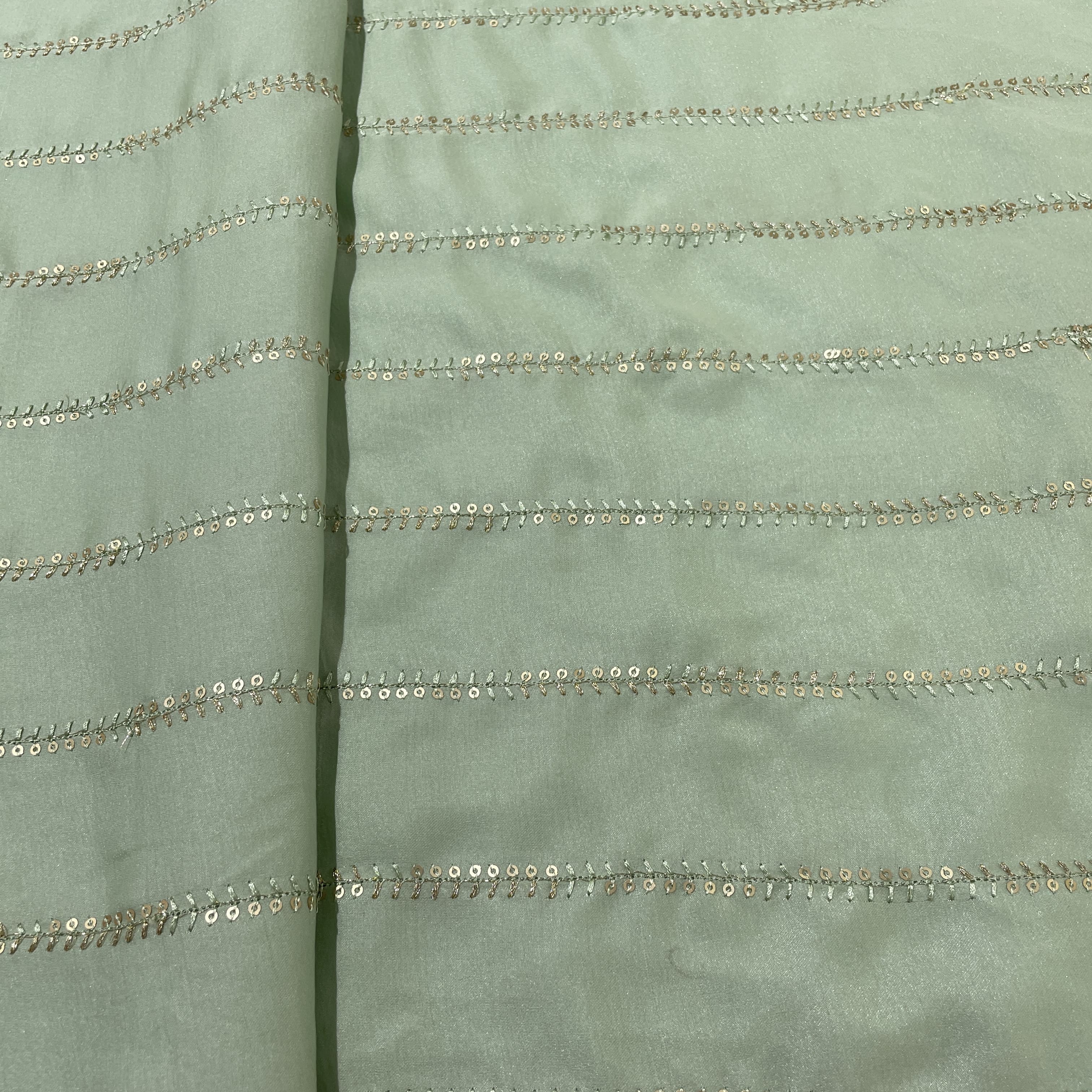 Mint Green Stripes Embroidery Bemberg Silk Fabric