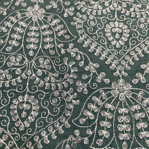 Classic Dark Sage Green Floral Thread Embroidery Bemberg Silk Fabric