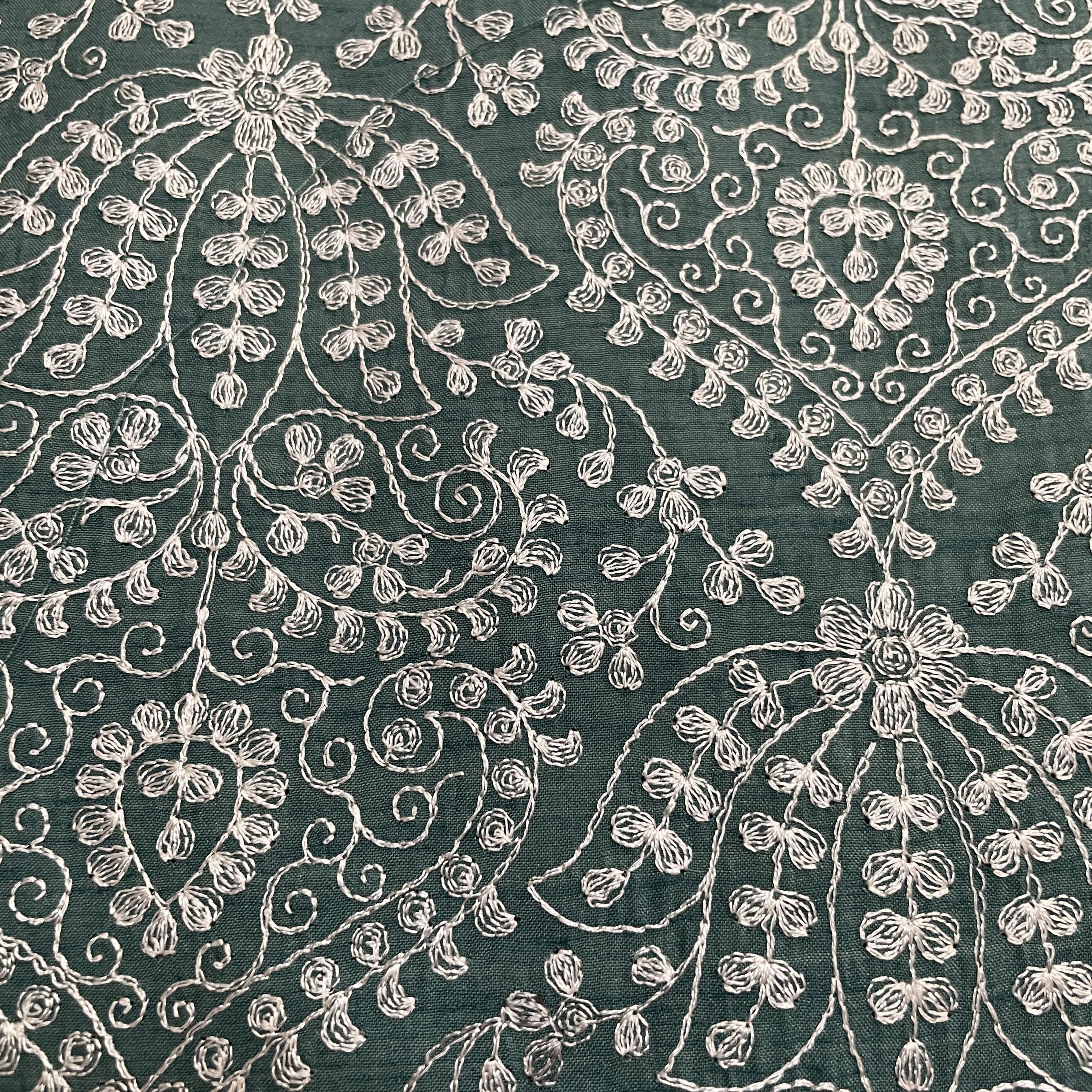Classic Dark Sage Green Floral Thread Embroidery Bemberg Silk Fabric