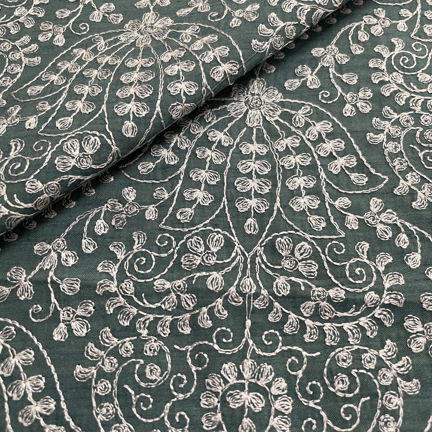 Classic Dark Sage Green Floral Thread Embroidery Bemberg Silk Fabric
