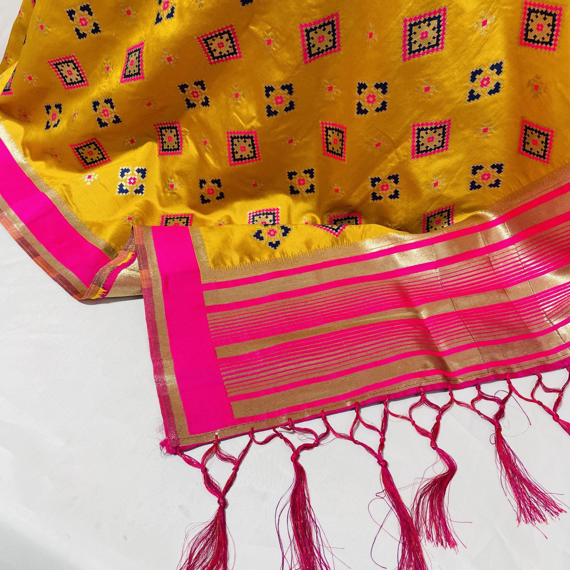 Premium Yellow Blue Geometrical Print Banarsi Jacquard Dupatta