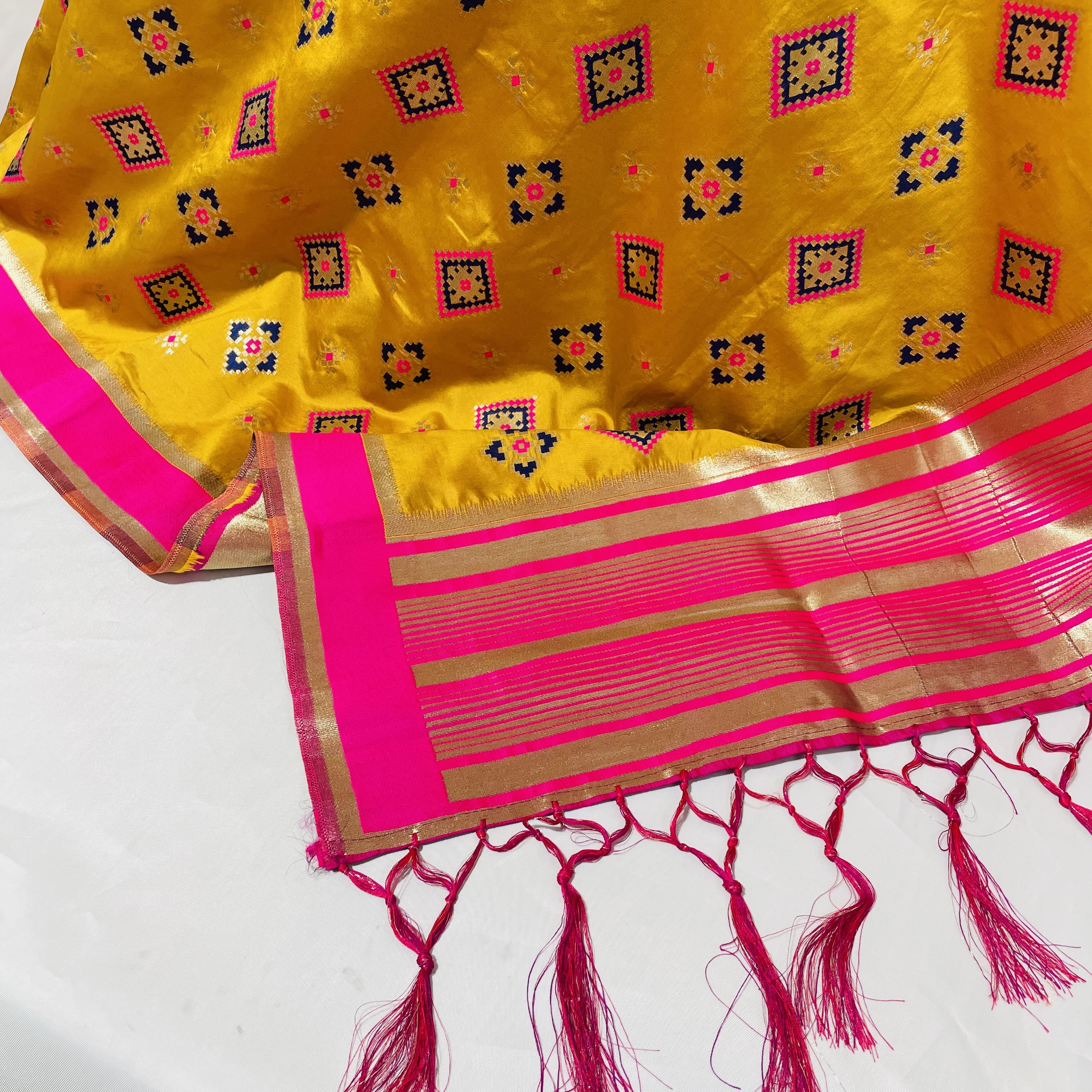 Premium Yellow Blue Geometrical Print Banarsi Jacquard Dupatta