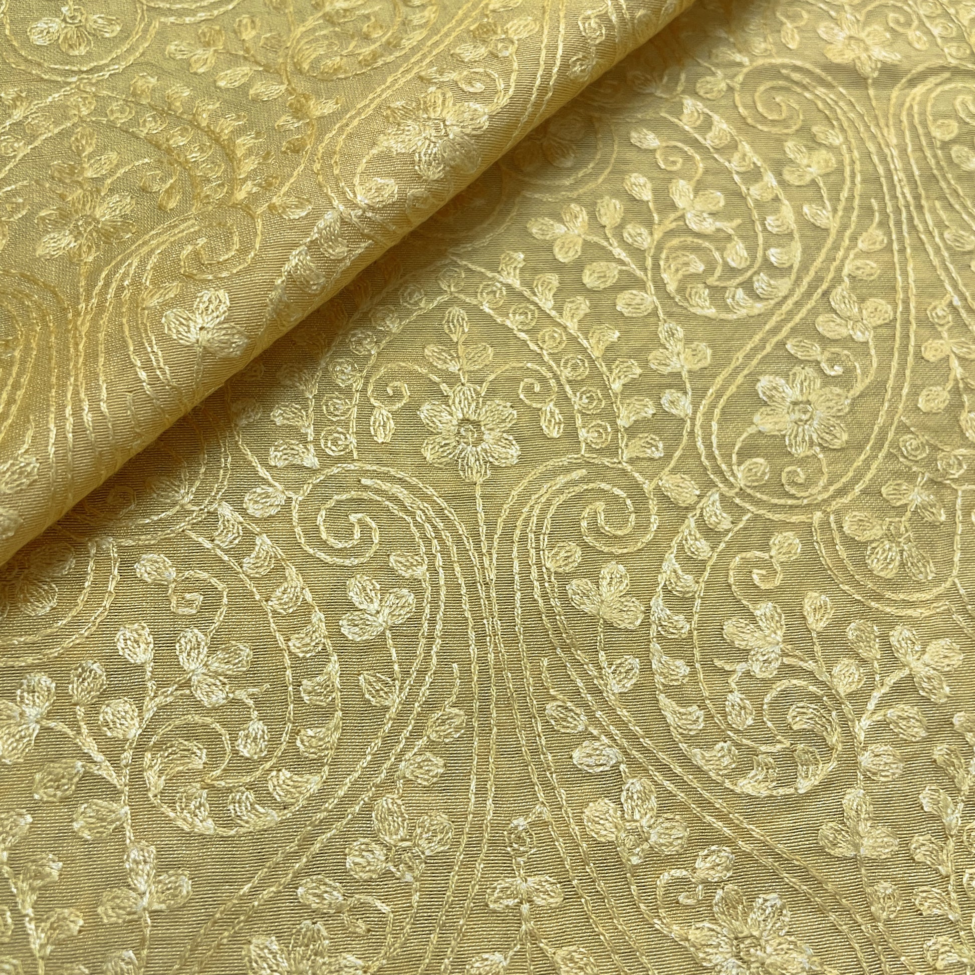 Classic Yellow Traditional Thread Embroidery Bemberg Silk Fabric