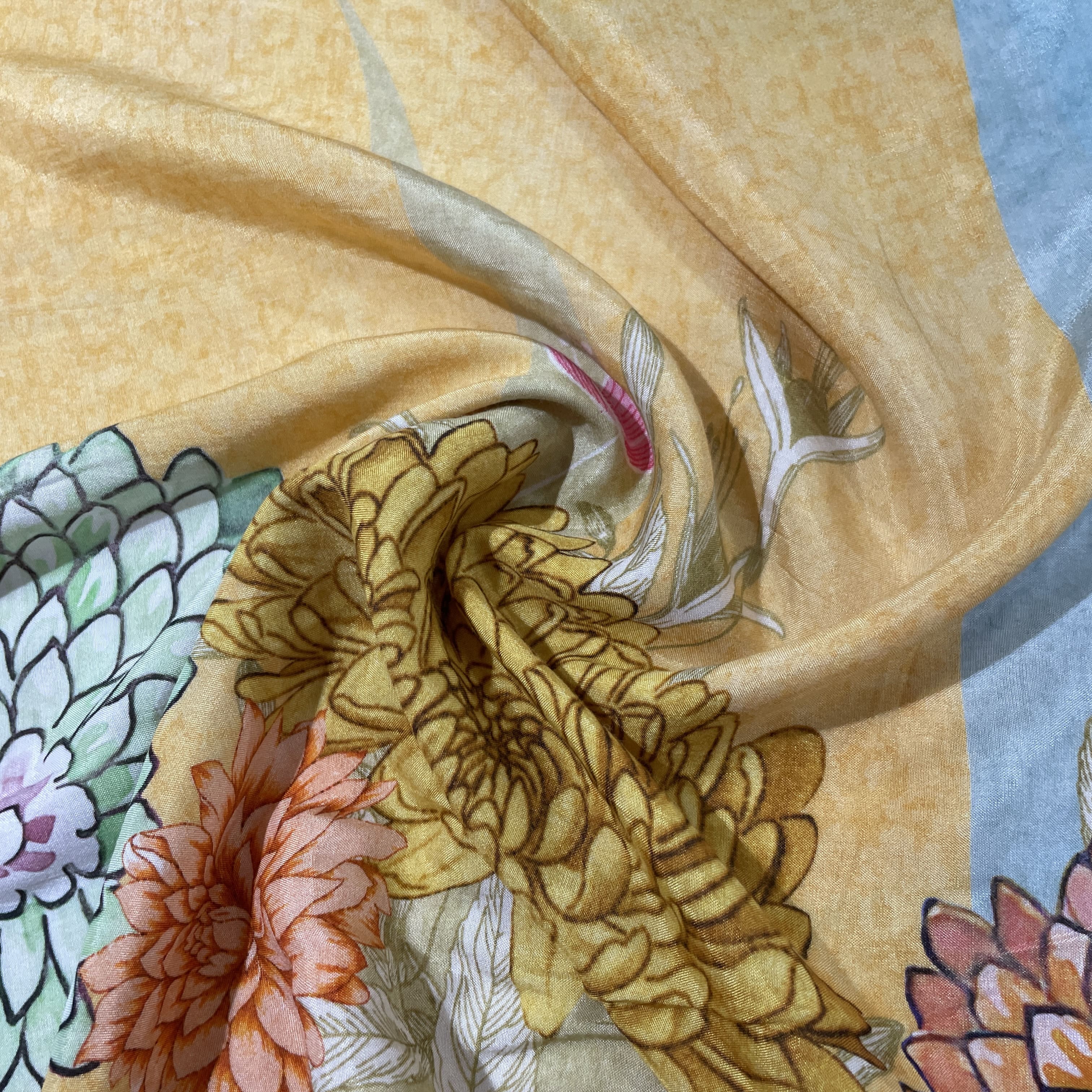 Yellow Floral Print Viscose Muslin Fabric