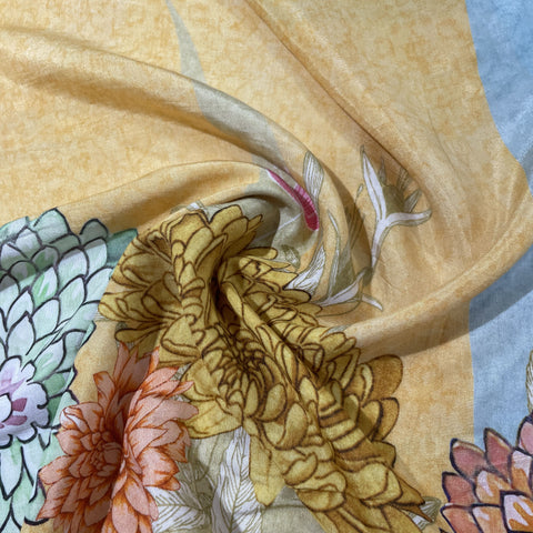 Yellow Floral Print Viscose Muslin Fabric