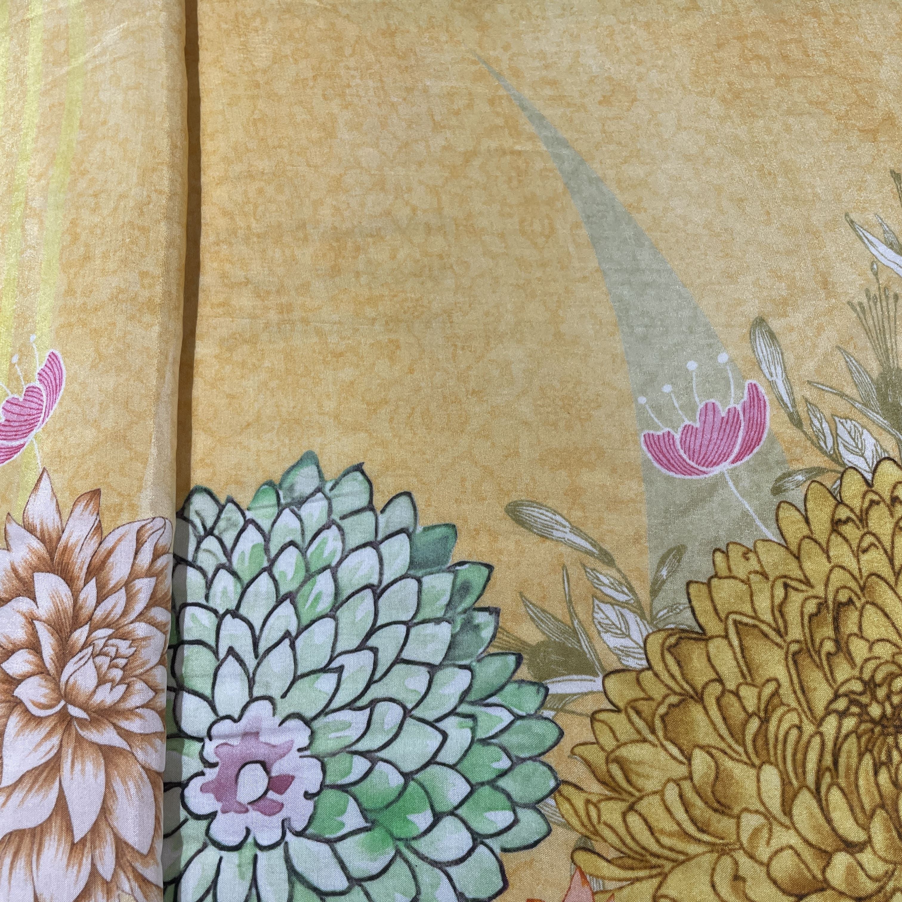 Yellow Floral Print Viscose Muslin Fabric