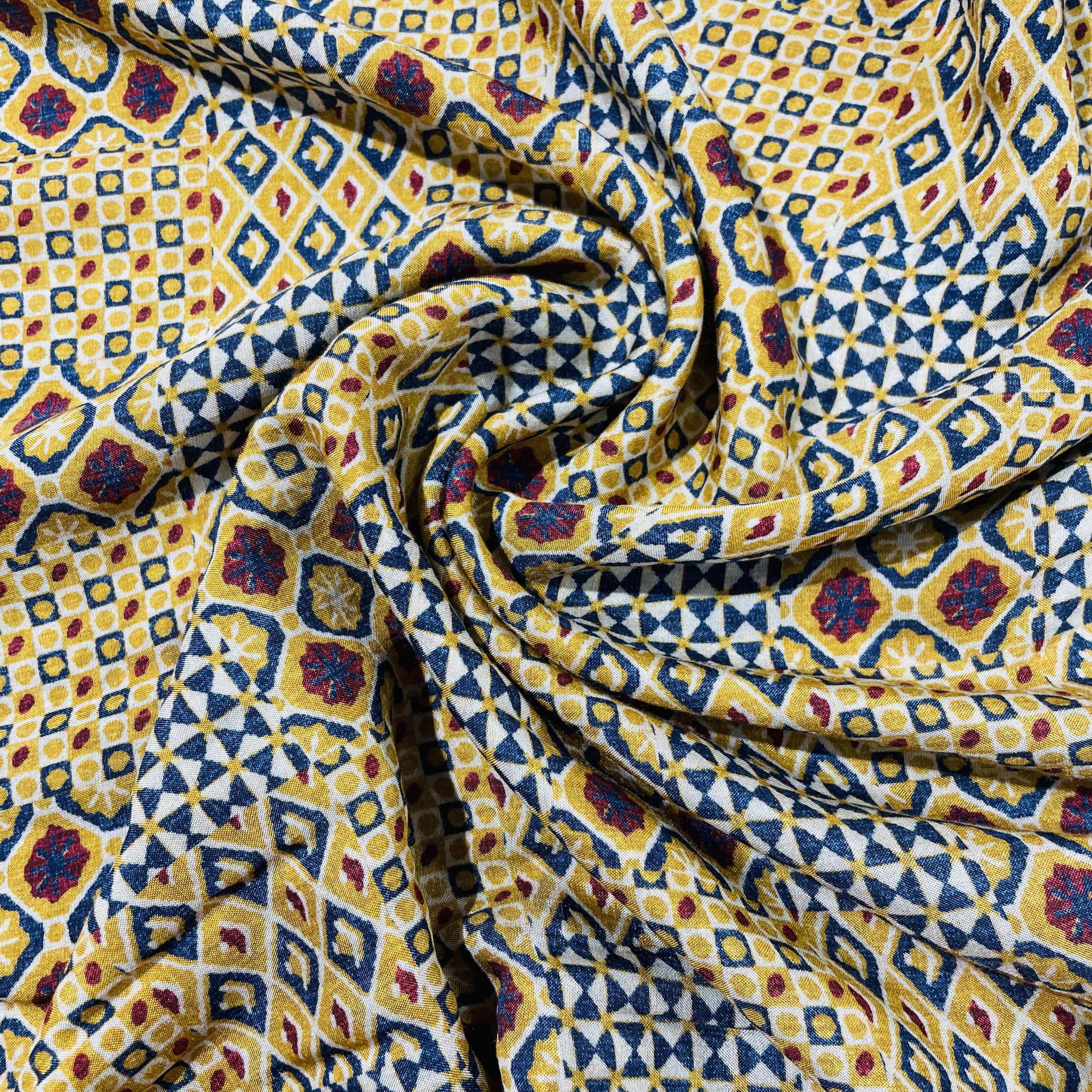 Mustrad Yellow Geometrical Print Viscose Muslin Fabric