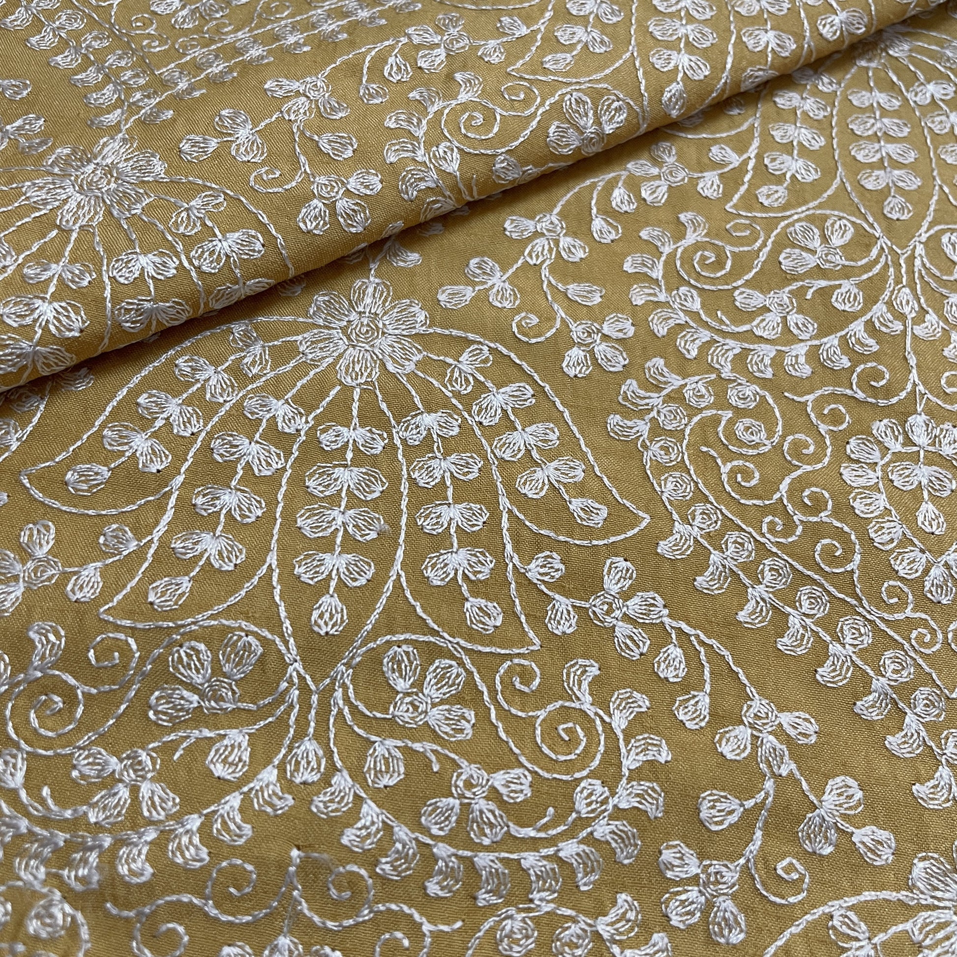 Classic Yellow Floral Thread Embroidery Bemberg Silk Fabric