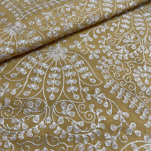 Classic Yellow Floral Thread Embroidery Bemberg Silk Fabric