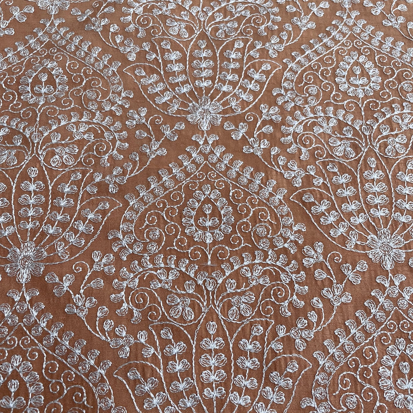 Classic Orange Floral Thread Embroidery Bemberg Silk Fabric