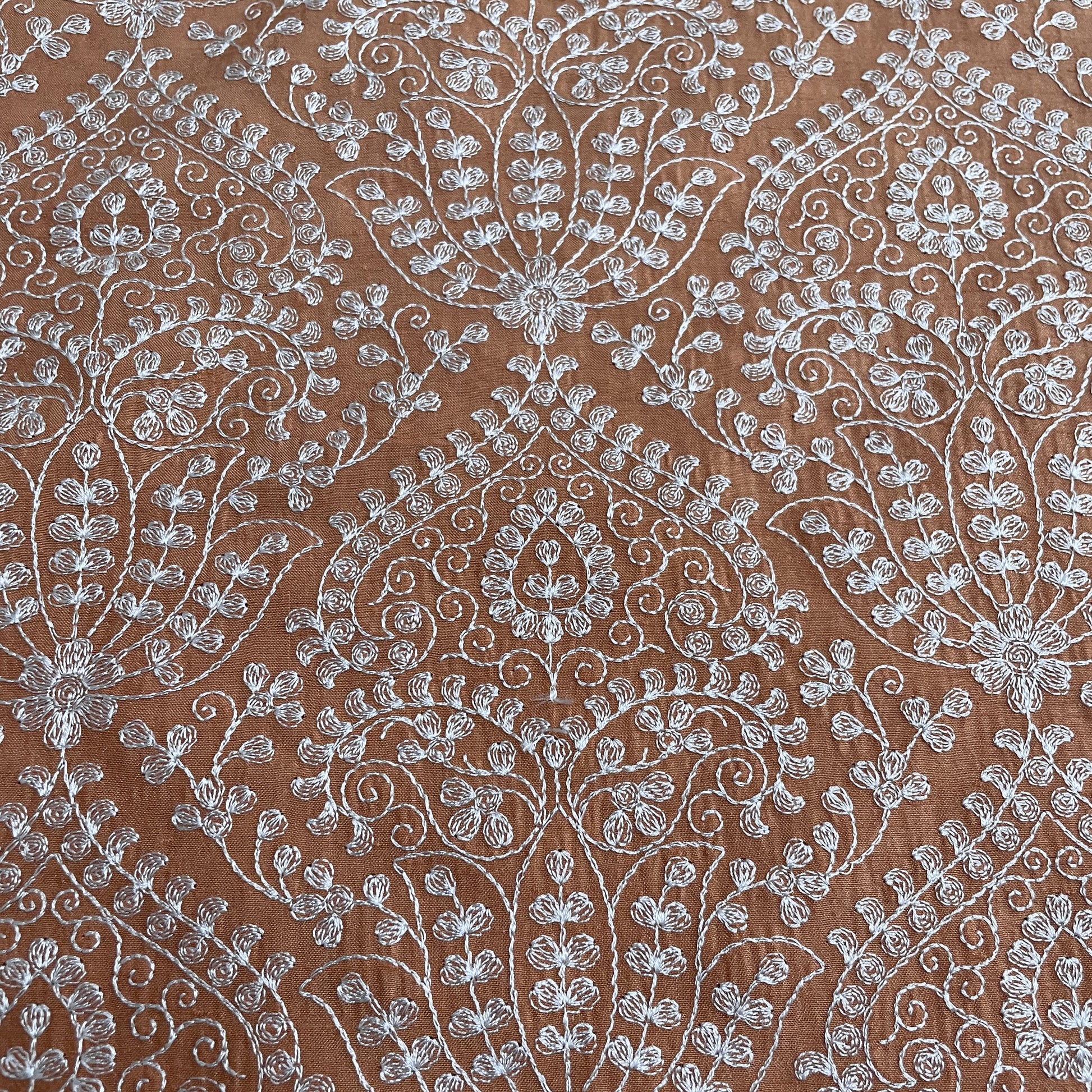 Classic Orange Floral Thread Embroidery Bemberg Silk Fabric