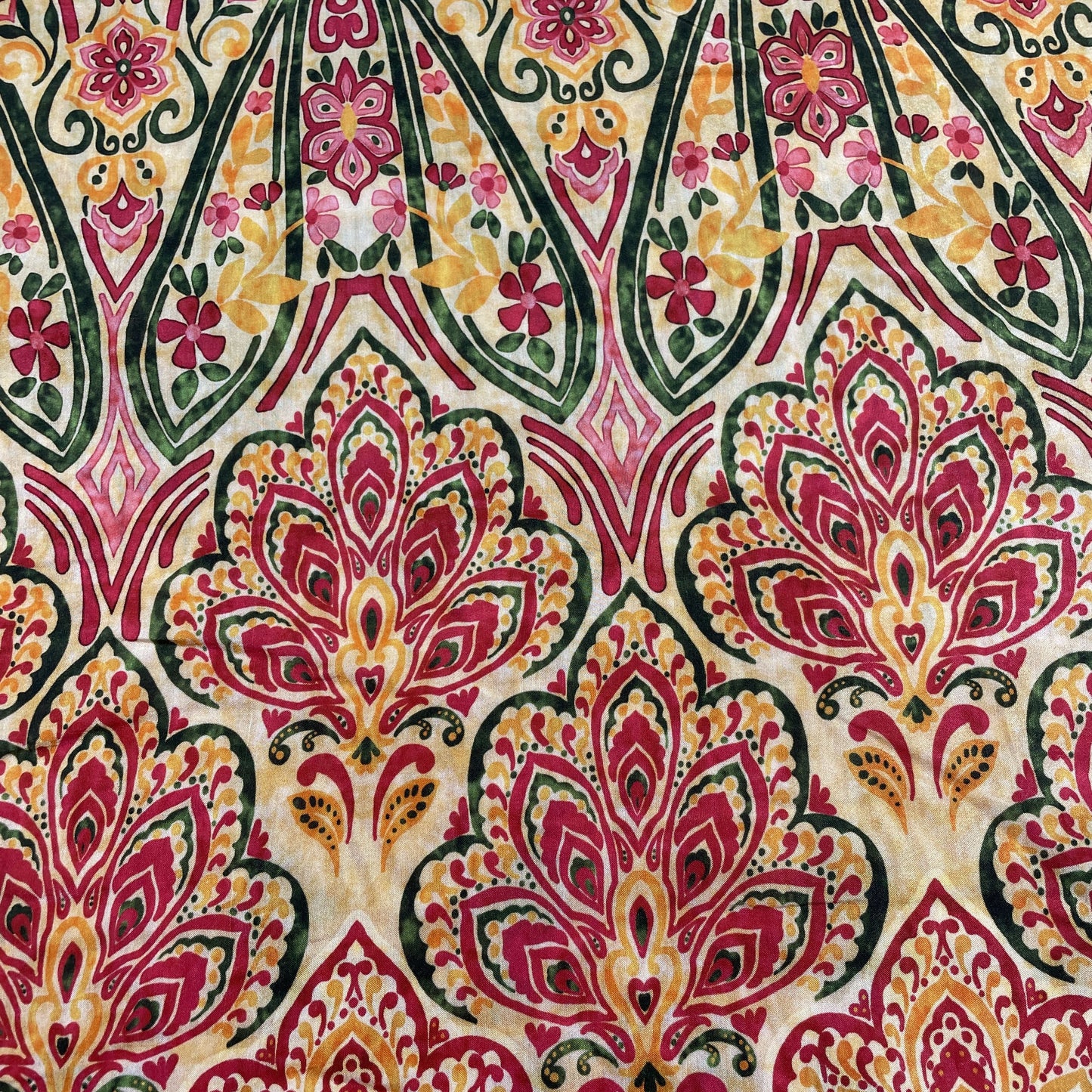 Yellow Red Tropical Print Viscose Muslin Fabric