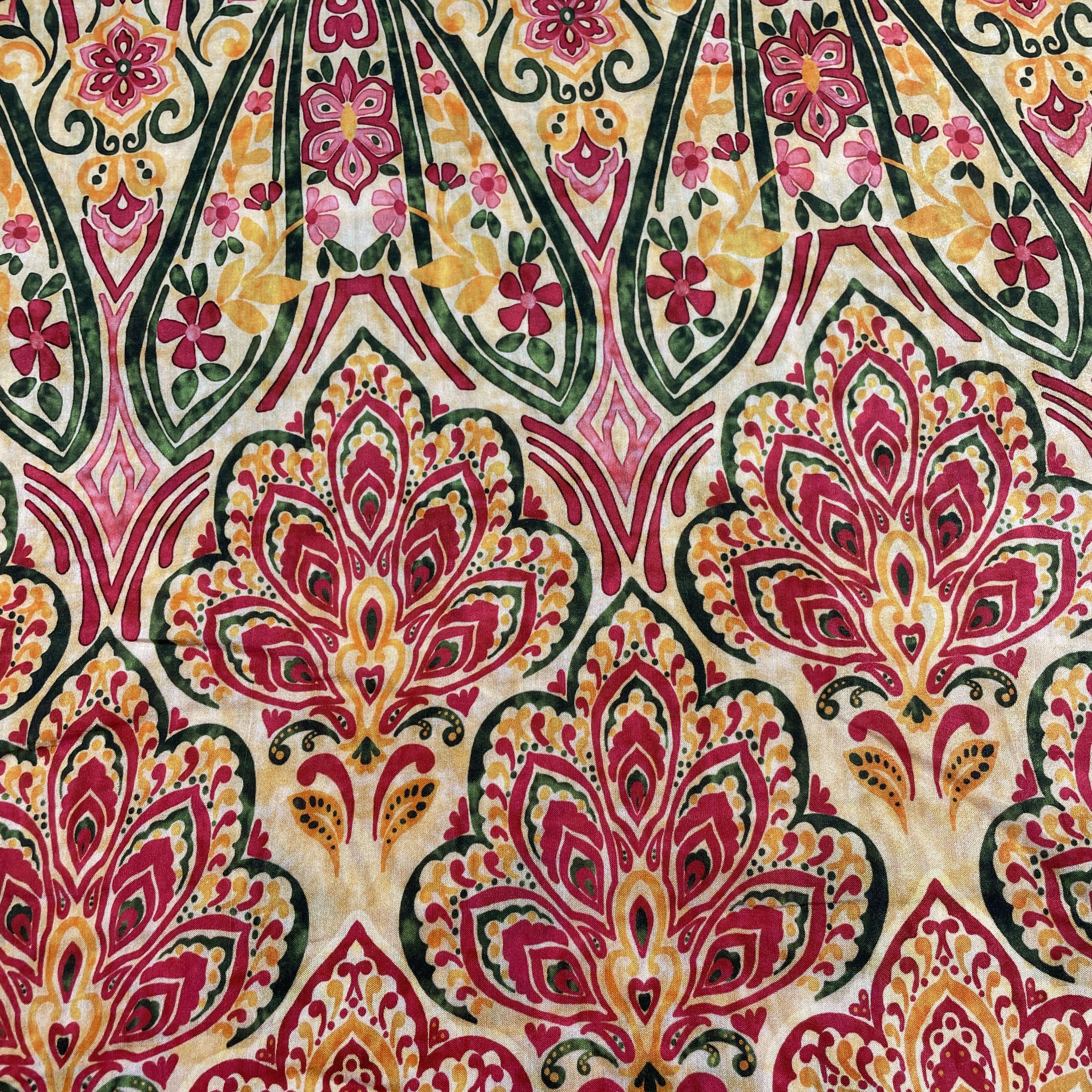 Yellow Red Tropical Print Viscose Muslin Fabric