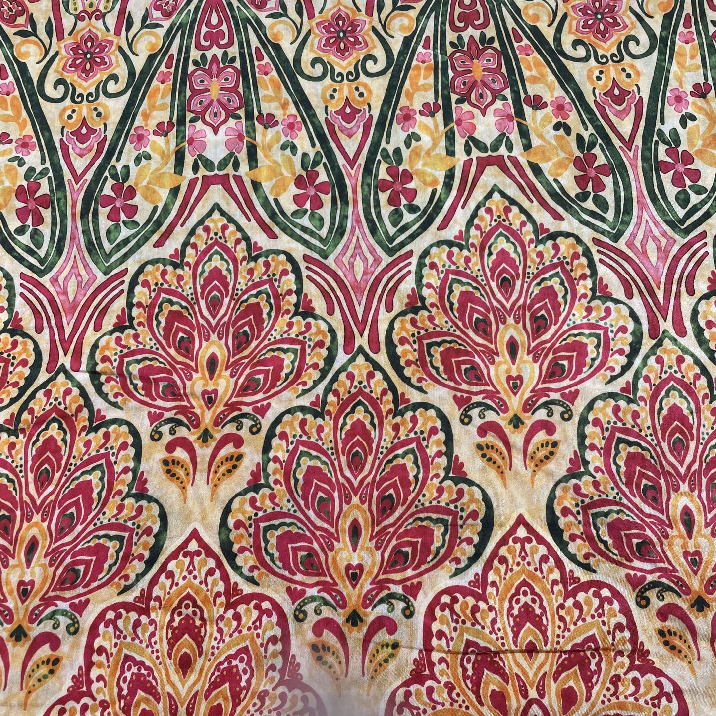 Yellow Red Tropical Print Viscose Muslin Fabric